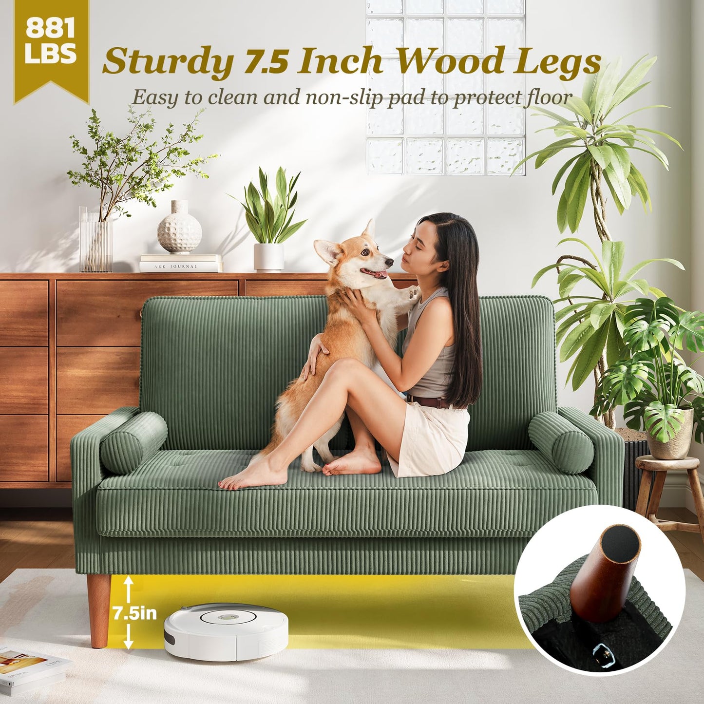 Vesgantti Loveseat Sofa with Solid Wood Legs,48" Small Corduroy Couches for Small Spaces, Mid Century Modern Love Seat for Living Room, Bedroom, Easy Assembly with Throw Pillow, Green