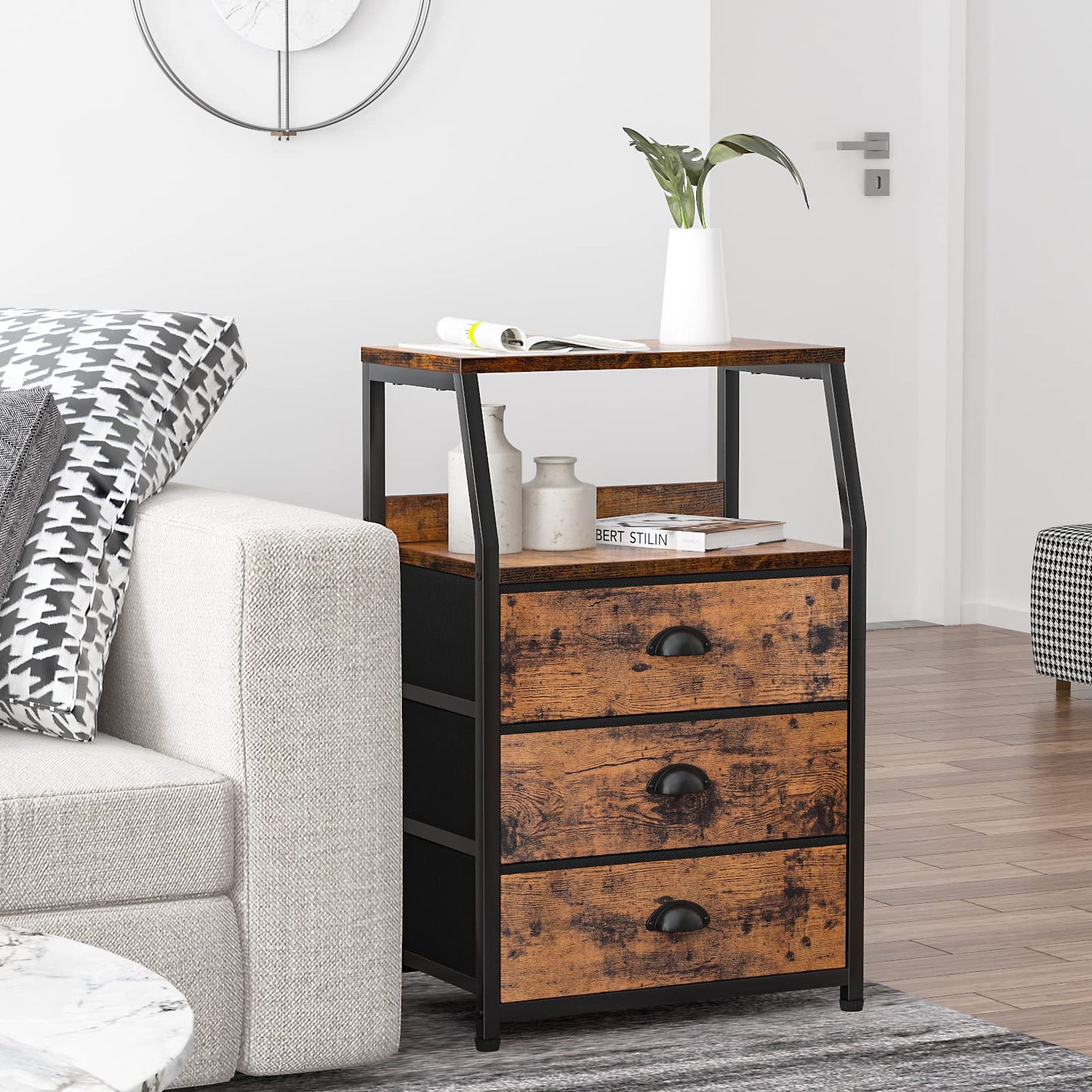 Furnulem Nightstand with 3 Drawers and 2-Tier Shelf, Fabric Small Dresser Organizer Vertical Storage Tower for Bedroom, Closet, Hallway, Nursery, End Table Side Furniture, Sturdy Steel Frame, Wood Top