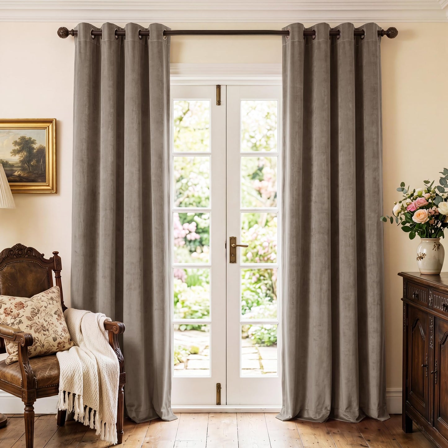 StangH Taupe Velvet Curtains 108 inches - Extra Long Blackout Sliding Door Curtains Thick Texture 100% Privacy Protect for Den Hotel Room Divider Used, Taupe, W52 x L108, 2 Panels
