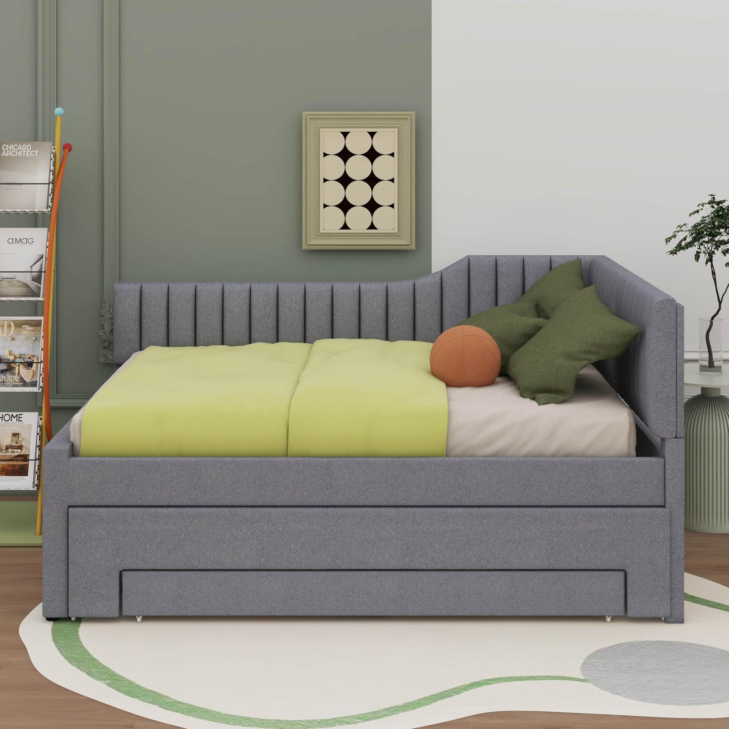 YunNianYang Twin Size Upholstered Daybed with Trundle and Three Drawers (Gray, Full)