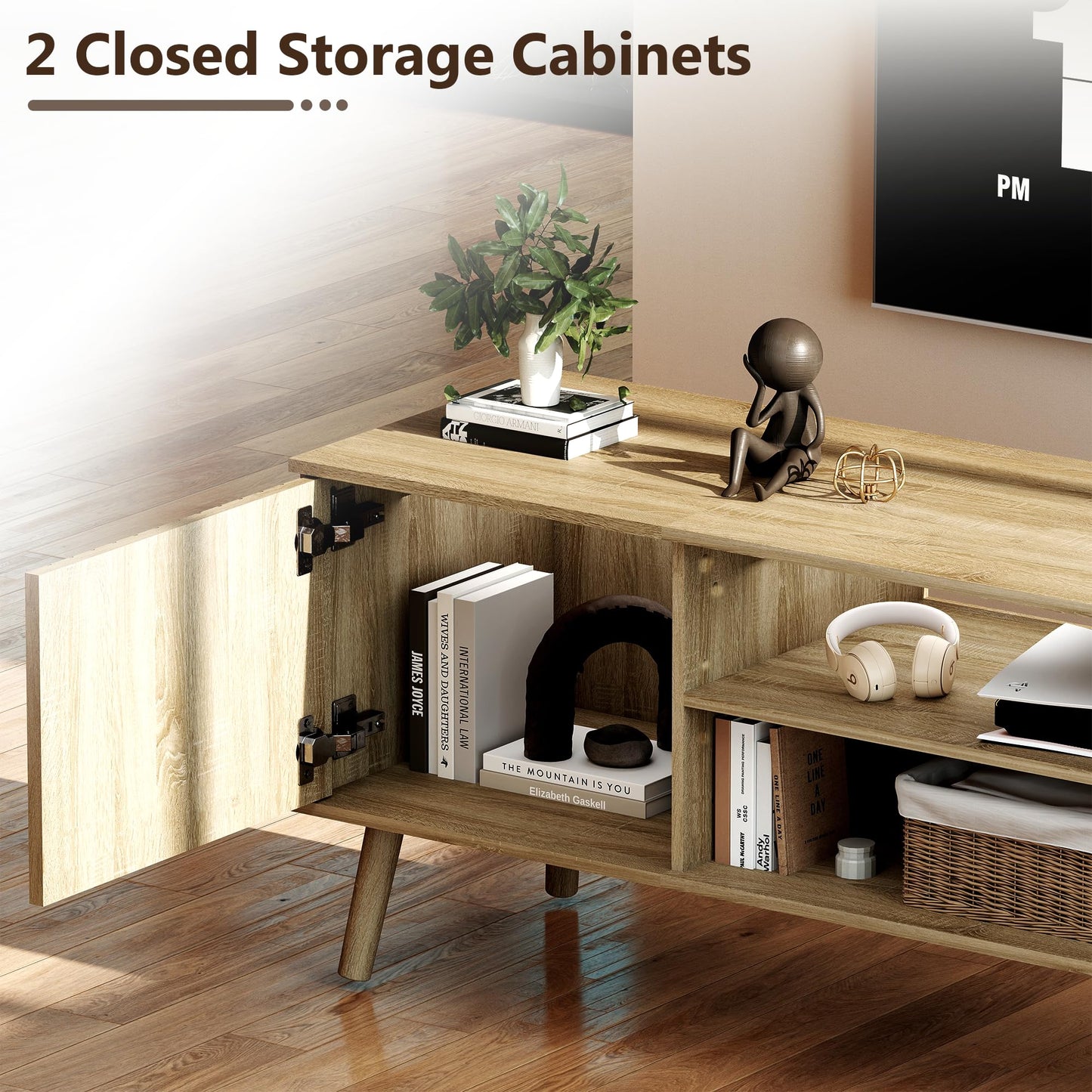 YOSHOOT TV Stand for 75 inch TVs, Mid Century Modern Entertainment Center with Power Outlet,Fluted Media Console with Open Shelves and Storage Cabinets for Living Room & Bedroom, Natural