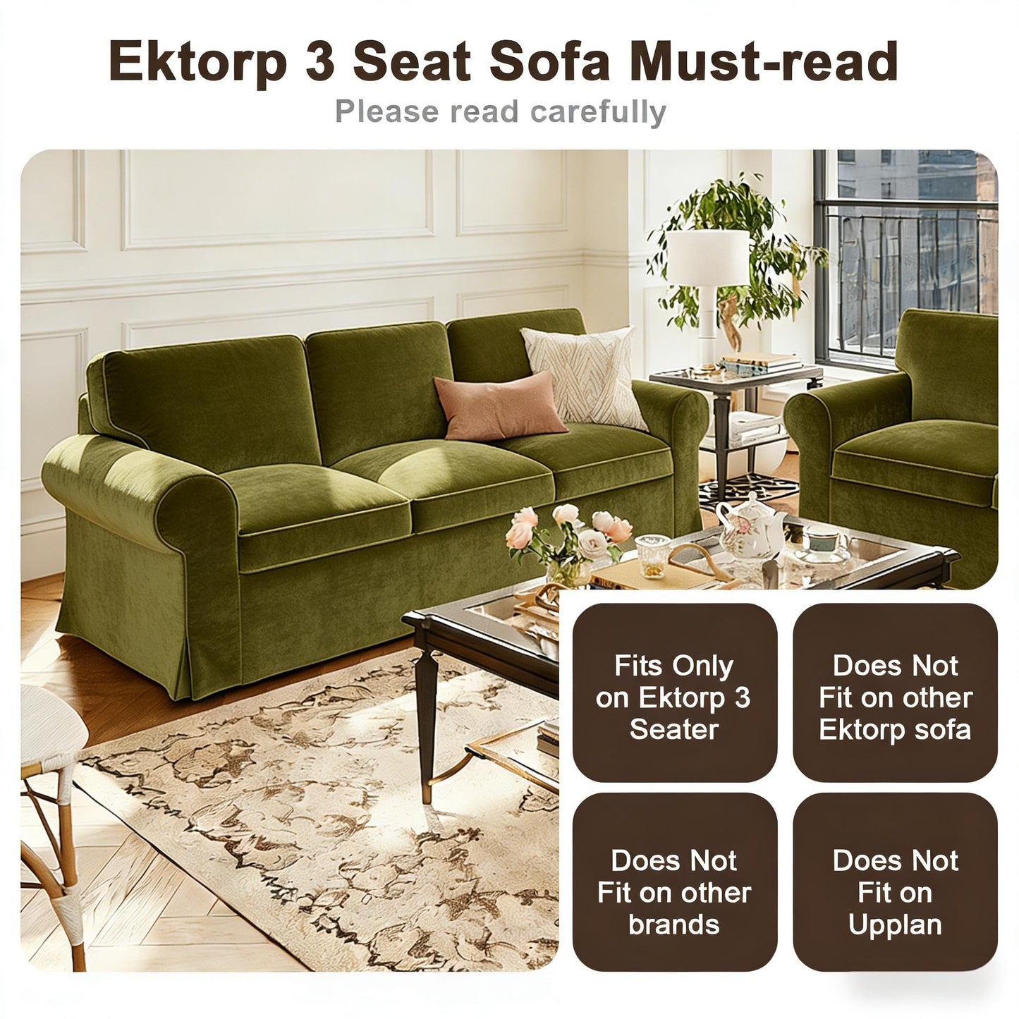 Velvet Pet-Friendly Replacement Sofa Cover Compatible for IKEA Ektorp 3 Seat Sofa Slipcovers, Couch Cover Only, 7-Piece Slipcover, Green, Couch Cover Not Include The Sofa Body