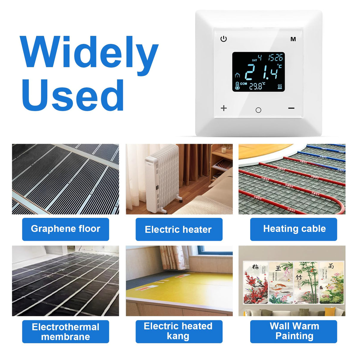 Touchscreen Programmable Thermostat for Electric Floor Heating System, 7-day Timing Settings Backlight LCD Display Safety Lock Automatic Calibration Low Temperature Protection NTC Floor & Air Sensing