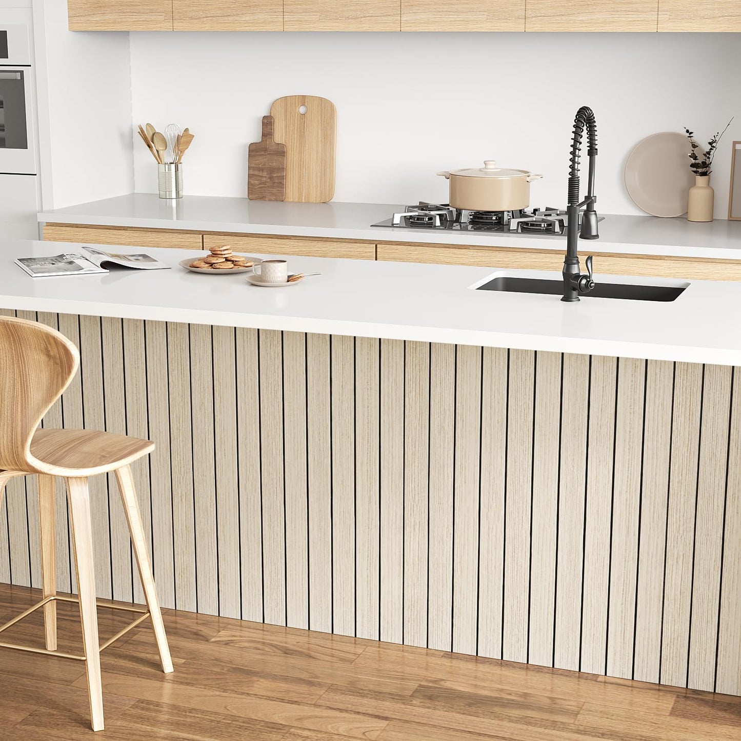 VEELIKE Coastal Oak Wood Slat Wall Panels Peel and Stick Wood Panels for Walls TV Backdrop 17''x118'' Self Adhesive Foam Vinyl Roll Soundproof 3D Wall Slat Panel for Bedroom Kitchen Island Camper RV