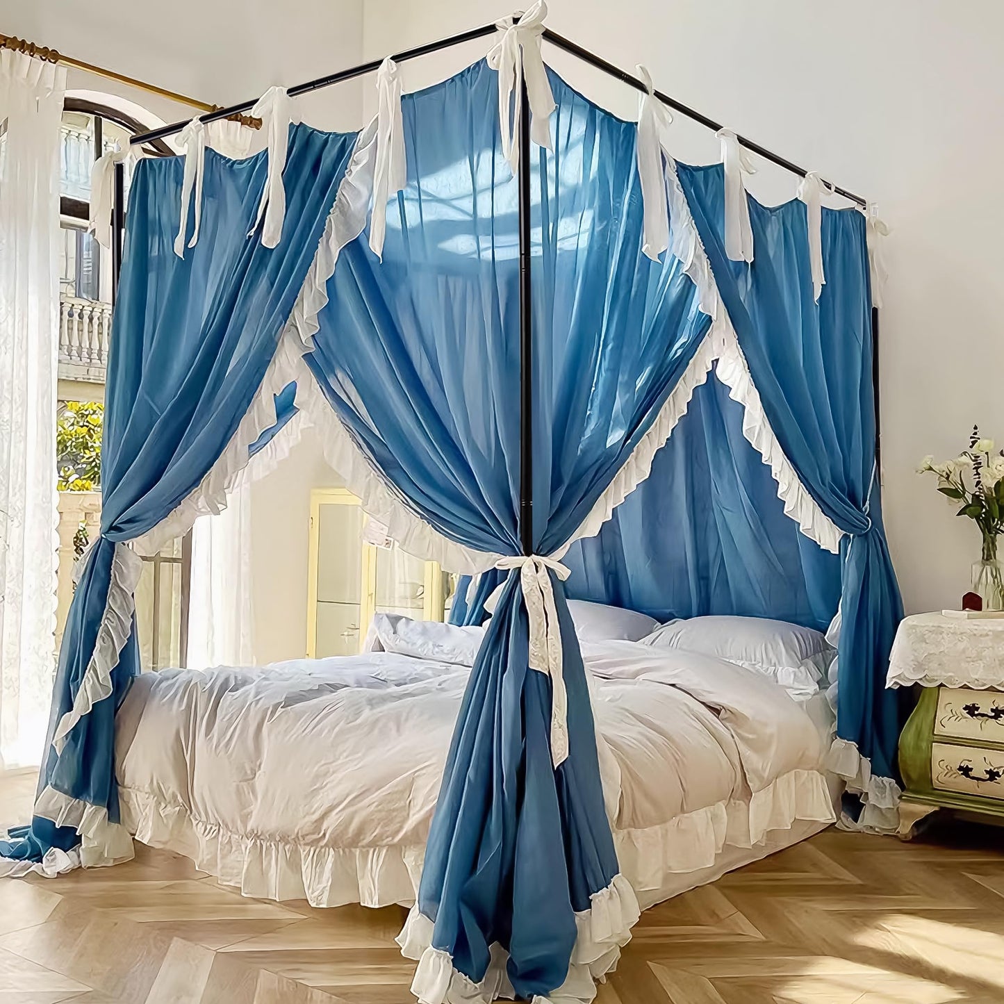 Mosqutent Stainless Steel Canopy Bed Frame Queen Size, Heavy Duty Metal Frame With Sturdy Post Poles, Thicken Canopy Frame for Wood or Metal Beds, Bedroom Decor, Black