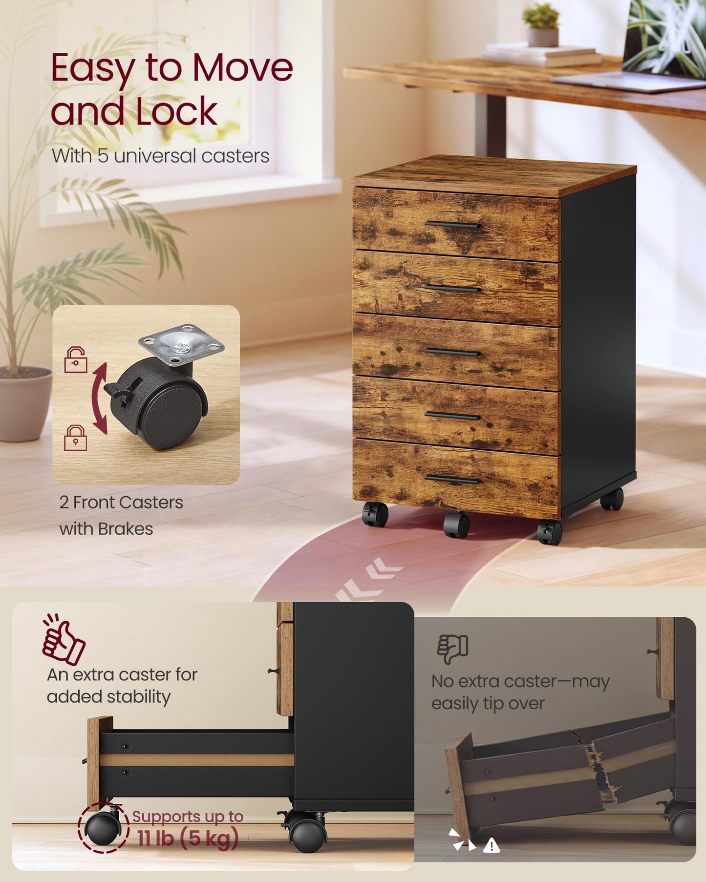 VASAGLE Custos Collection - File Cabinet, Mobile Pedestal Filing Cabinet with Wheels, Printer Stand with 5 Drawers, Tool-Free Sliding Rails, for Study, Home Office, Rustic Brown UOFC081KD01S