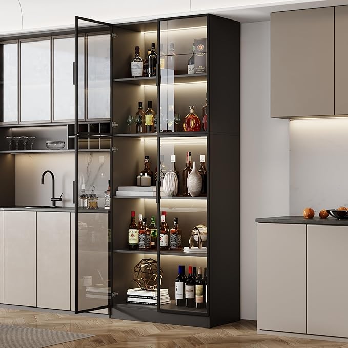 Mekminop Display Cabinet with Glass Doors and Storage Shelve, Modern Display