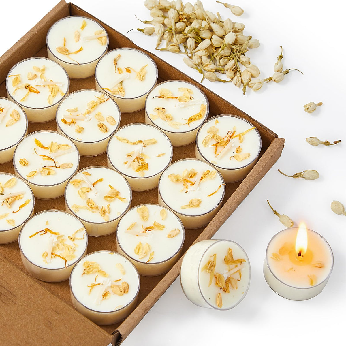 Crenovo Jasmine Scented Tealight Candles with Dried Flowers, 4 Hours Non-Toxic Tea Lights, 100% Soy Wax Candles Bulk for Wedding, Spa, Bath, and Home Decor, 8 Pack