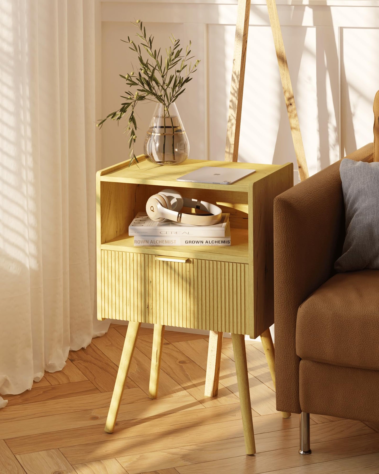 JOONEE Nightstand,Modern Bedside Table with Storage Drawer and Open Wood Shelf, for Living Room, Bedroom and Small Spaces, Accent Night Stand with Solid Wood Legs, Easy Assembly,Vintage Yellow Oak