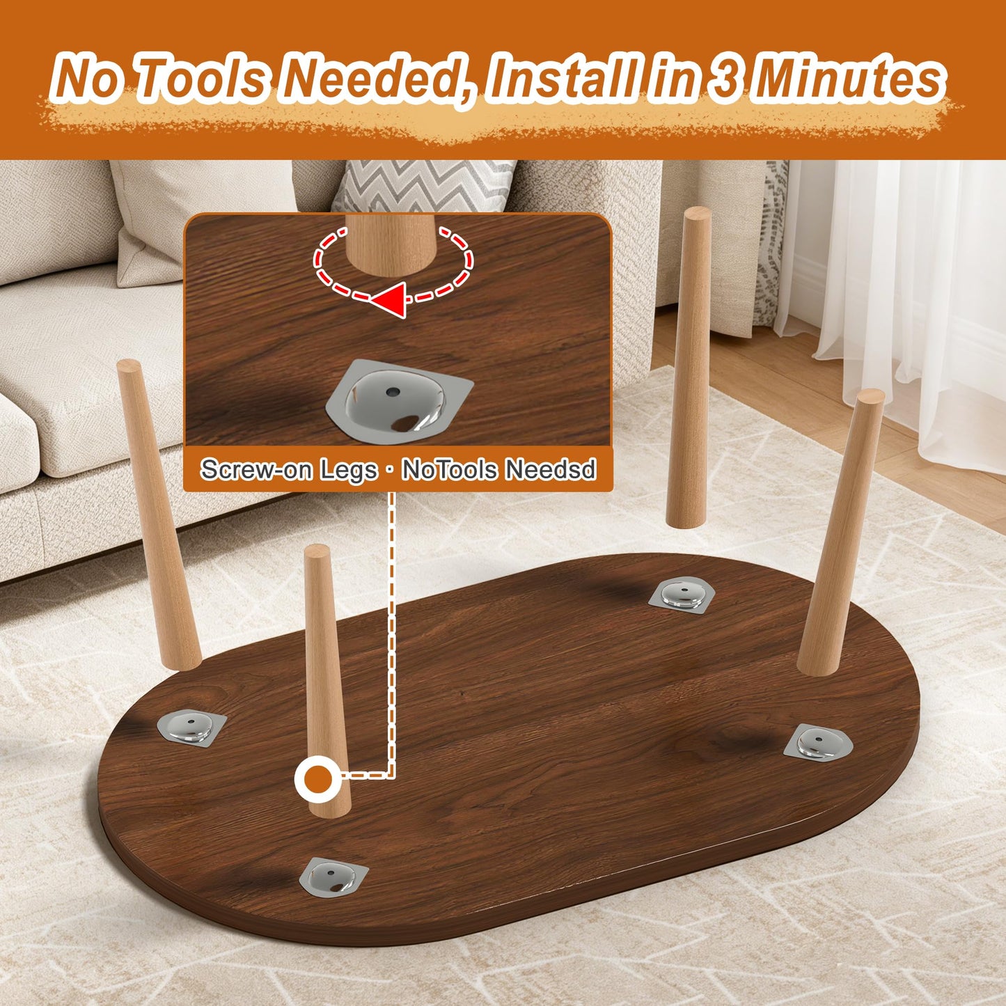 FURMORENE Coffee Table Low Table with Solid Wood Legs, 31.5x19.7 Large Coffee Table Side Table, Floor Table Desk for Sitting on The Floor, Living Room Furniture for Office Apartment Home, Oval Walnut