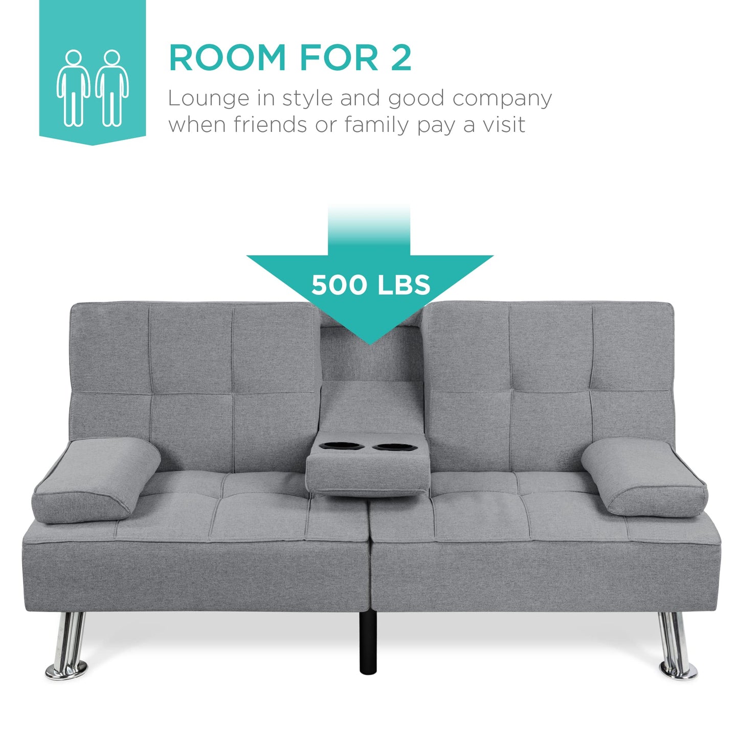 Best Choice Products Linen Modern Folding Futon, Reclining Sofa Bed for Apartment, Dorm w/Removable Armrests, 2 Cupholders - Gray