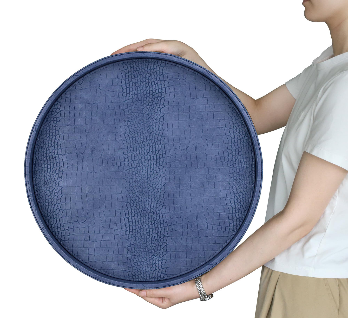 HofferRuffer Round Serving Tray 20'', Elegant Faux Leather Circle Ottoman Table Tray, Serve Tea Coffee Breakfast in Bedroom Living Room Kitchen (Blue, 20")