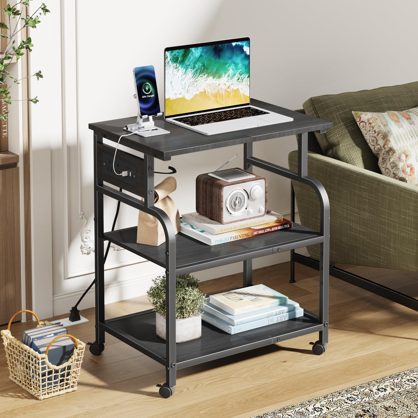 YAOHUOO 3 Tier Large Printer Stand with Power Outlet/Adjustable Storage Shelf, Rolling Cart with Wheels, Printer Table for Home Office 3D Printer/Heat Press/Laser, 22"×15" Black