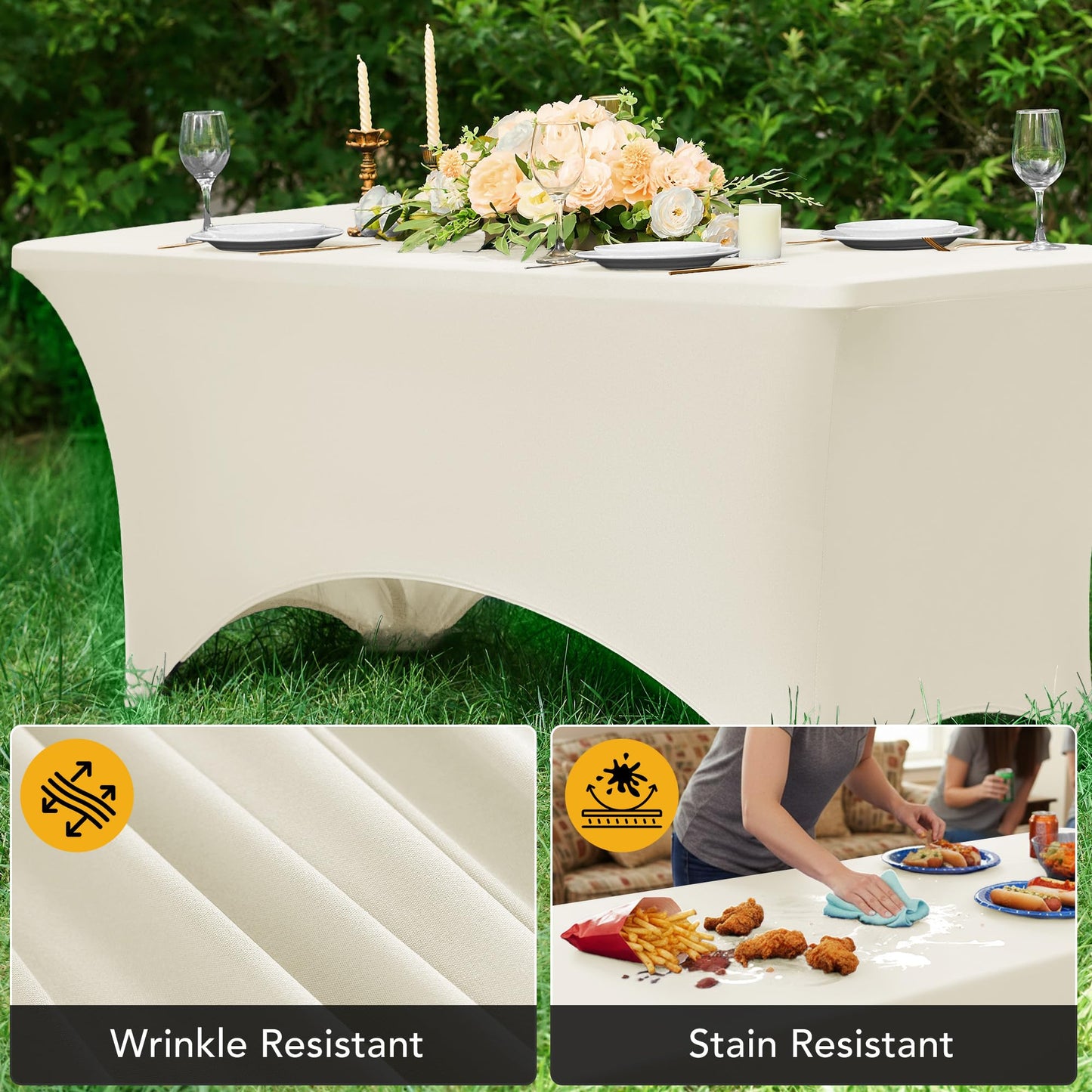 Dailyset 6-Pack Premium Cream Spandex Tablecloths for 6ft Rectangle Tables, Stain & Wrinkle-Resistant, Washable Stretch Polyester Fitted Table Cover for Weddings, Banquets, Trade Shows Events