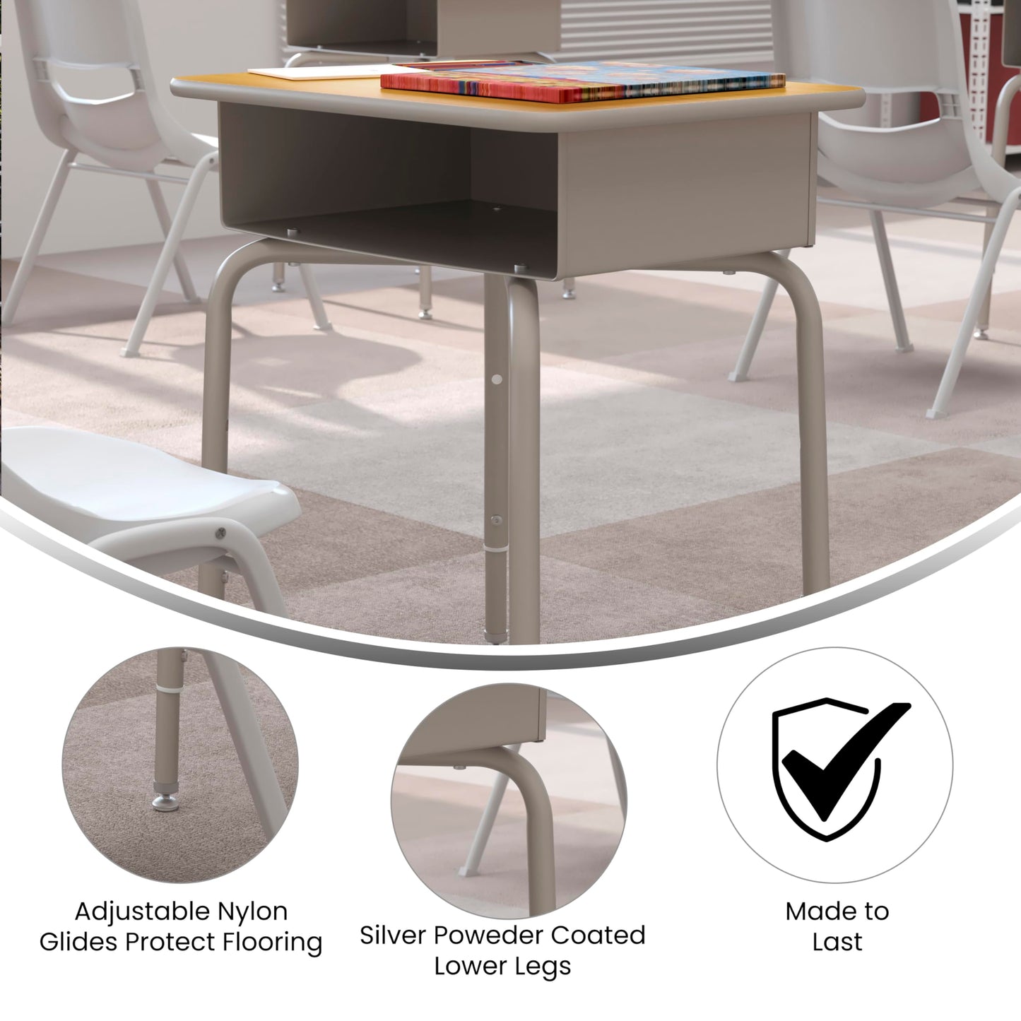Flash Furniture Billie Student Desk - Maple Open Front School Desk - Silver Metal Frame - 24"W x 18"D Adjustable Height, Durable for School or Remote Learning