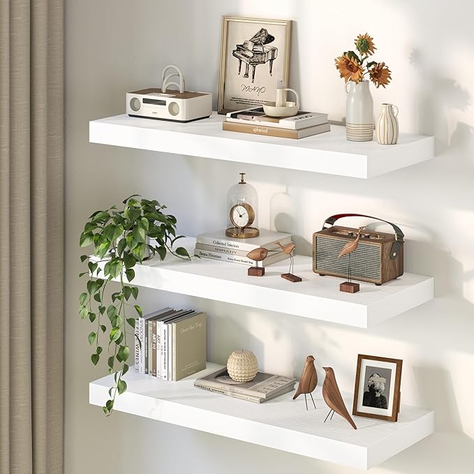 Fun Memories 12 Inch Deep White Floating Shelf, 24 x 12 Rustic Wood Wall Shelf