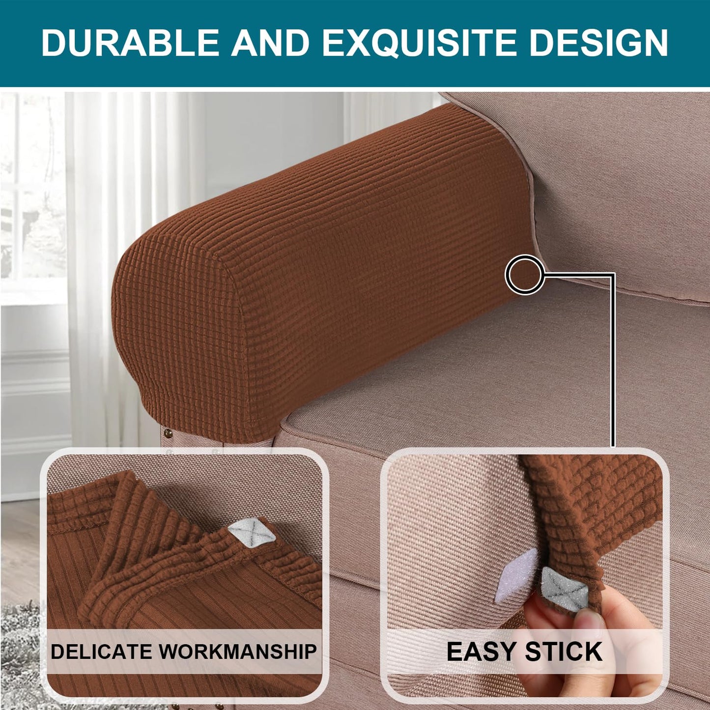 Turquoize Stretch Armrest Covers for Chairs and Sofas Couch Arm Covers for Sofa Spandex Jacquard Armrest Cover Anti-Slip Furniture Protector Armchair Slipcovers for Recliner Set of 2, Caramel