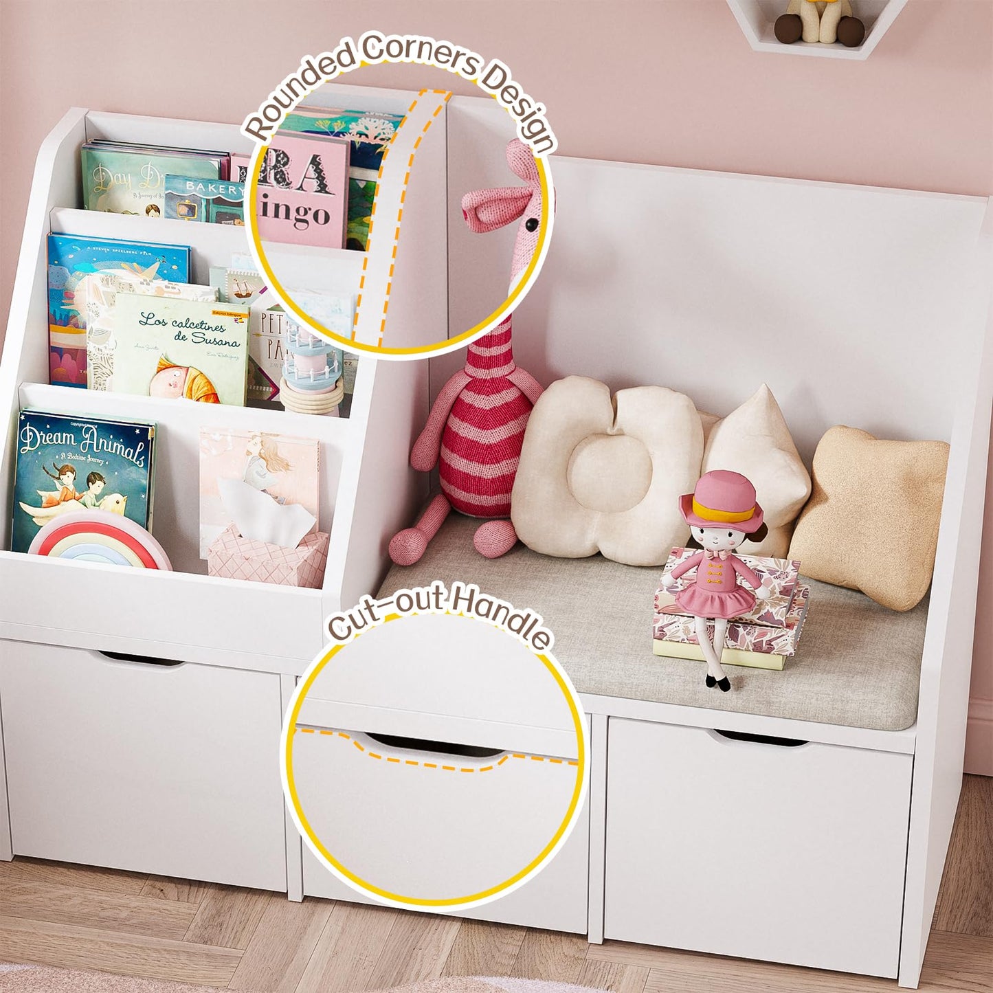 Teckid 40 Inch Kids Toy Organizer with Bookshelf, Cushioned Reading Bench, 3 Movable Drawers and Hidden Wheels, White
