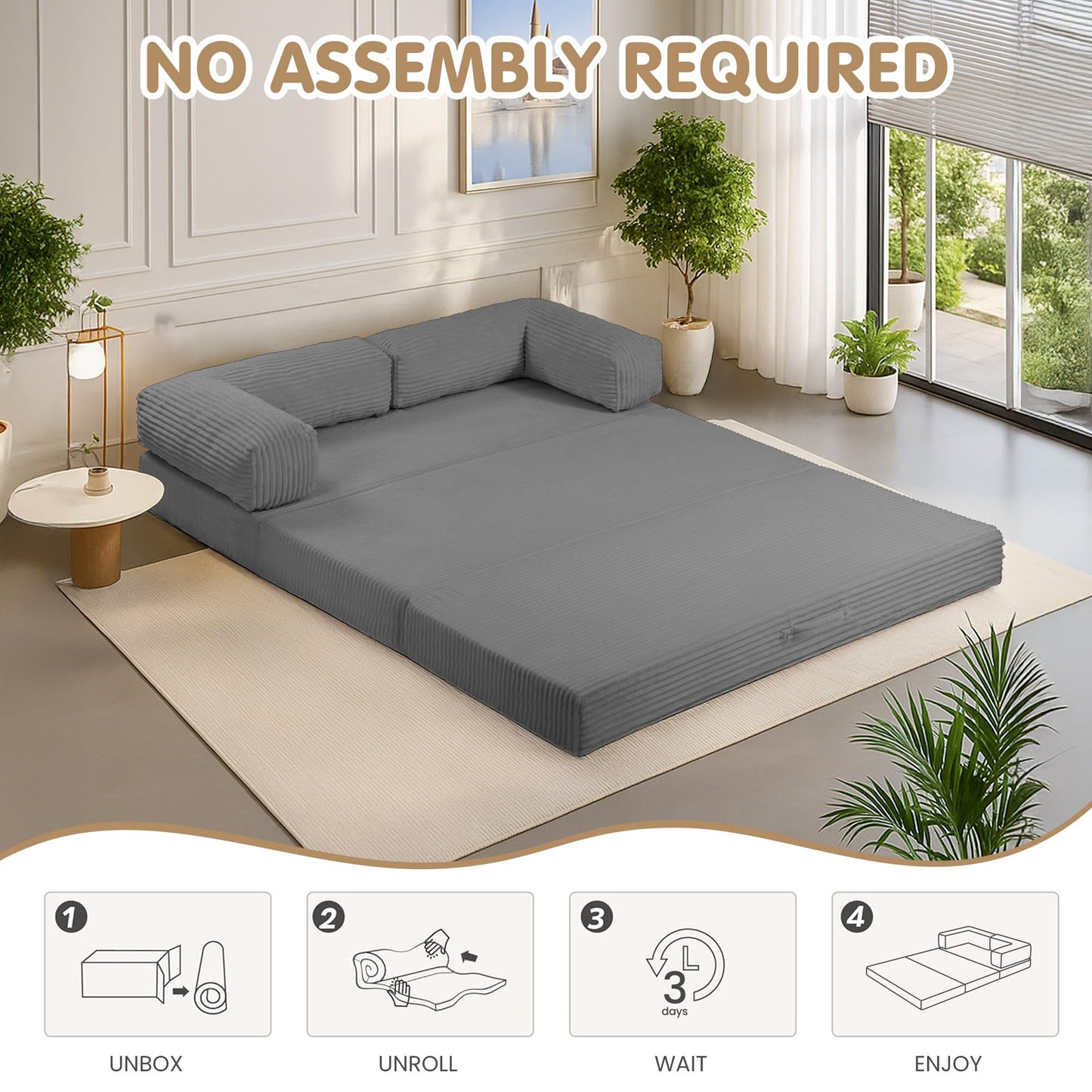 5-in-1 Convertible Sofa Bed,54" Boneless Couch Tri Folding Floor Mattress with Removable L-Shaped Armrests & Handle,Corduroy Futon Couch Sleeper with Pull Out Bed for Living Room Bedroom Apartment