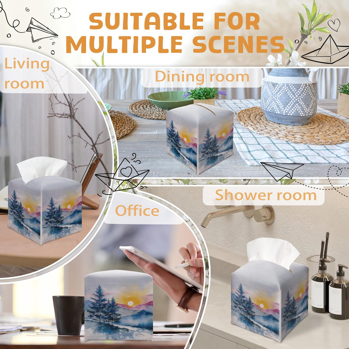 Winter Pine Tree Tissue Box Holder, Winter Forest Landscape Leather Tissue Box Cover Square, Paper Facial Decorative Tissues Cover for Night Stands Bathroom Kitchen Office Home Decor-B22