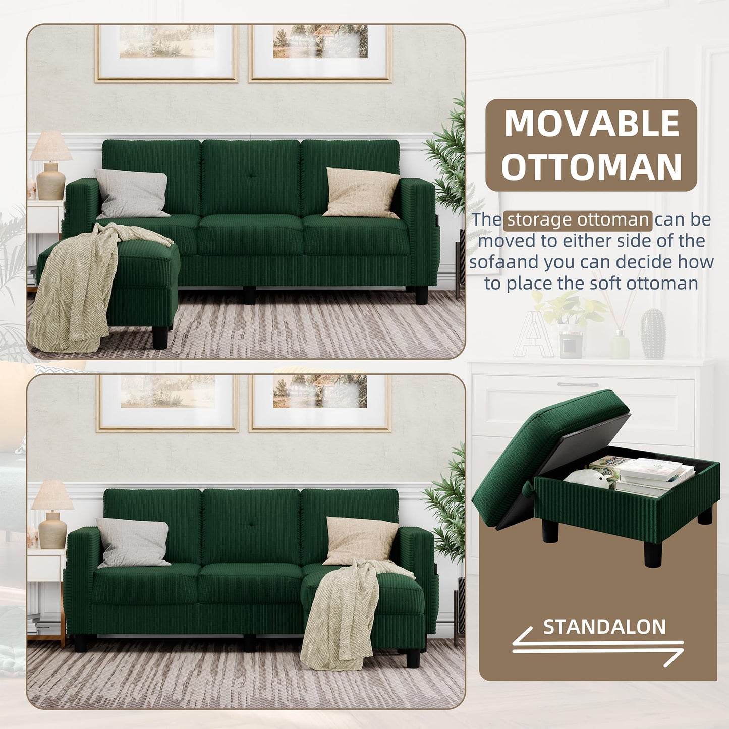 Convertible Sectional Sofa with Storage Ottoman, 77” L-Shaped 3-Seat Couch with Skin-Friendly Corduroy Fabric, Reversible Small Sectional for Small Space, Apartment, Living Room and Office(Green)