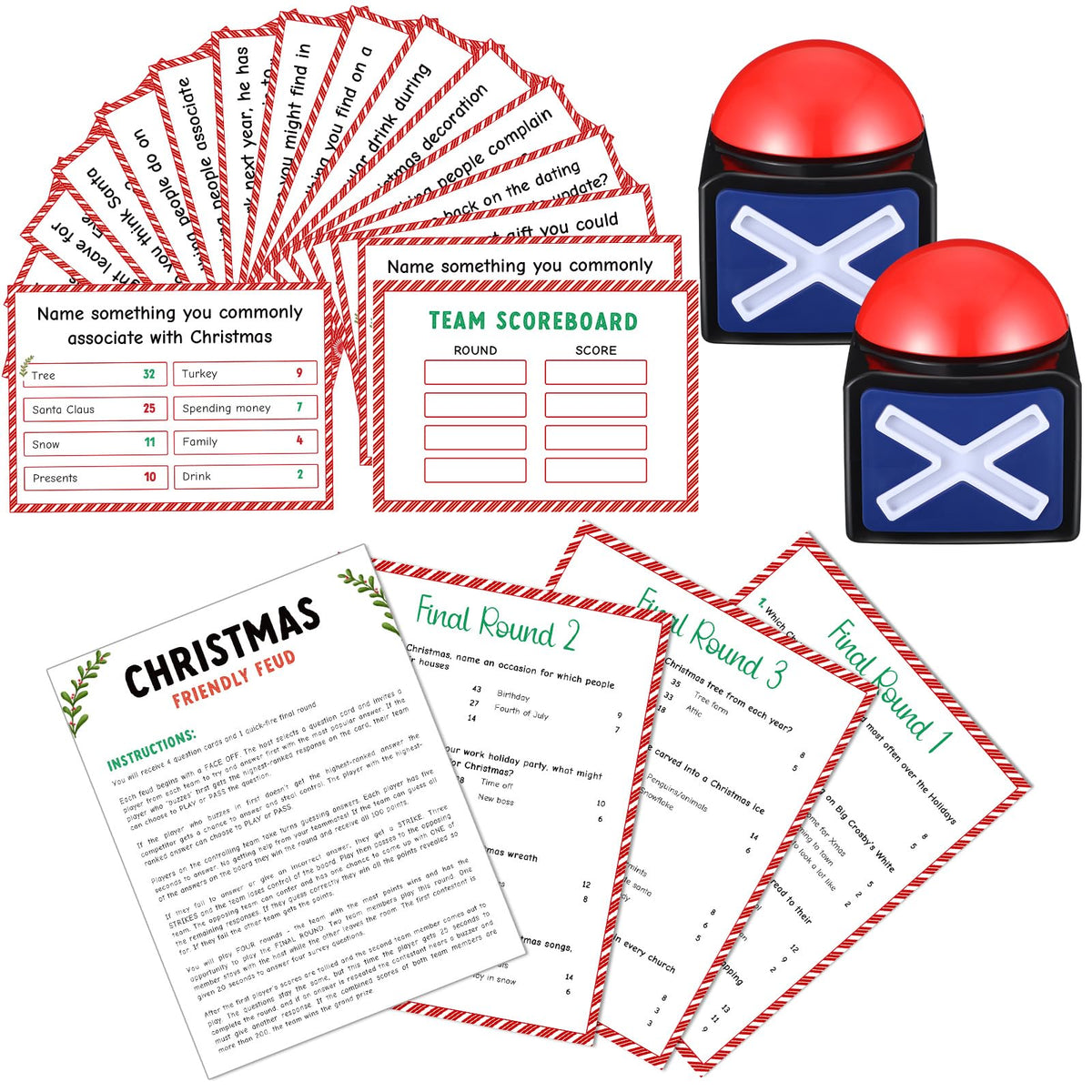 Syhood Christmas Friendly Feud Card Game with 2 Answer Buzzers, Fun Xmas Family Trivia Quiz Party Game Night Activities for Adults, Office, Large Group and Team Building