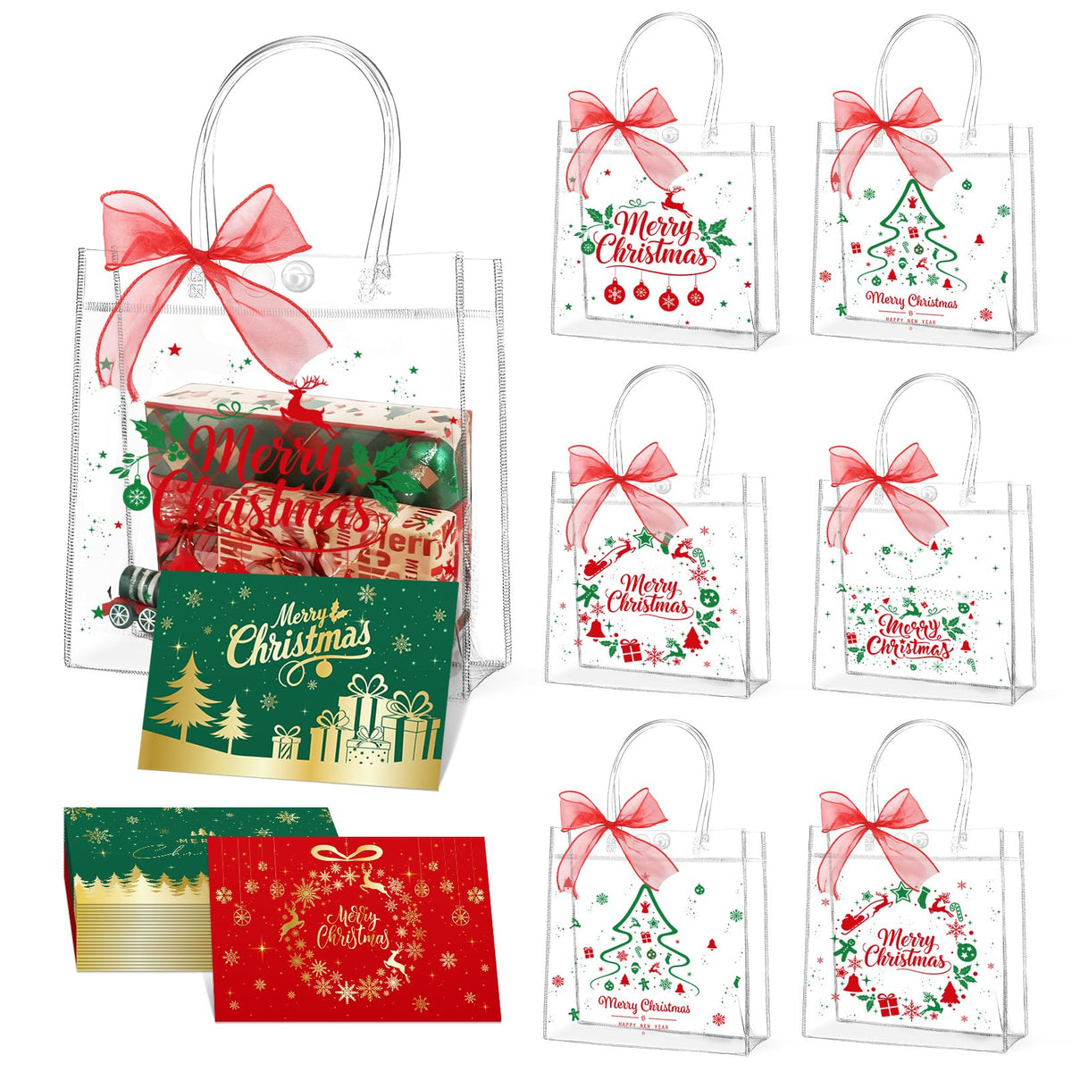 24pcs Christmas Clear Gift Bags with Handles And Ribbon Merry Christmas Greeting Card Set Xmas Transparent Reusable Gift Wrap Bags PVC Candy Goodie Treat Totes for Xmas Winter Holiday Party Favors