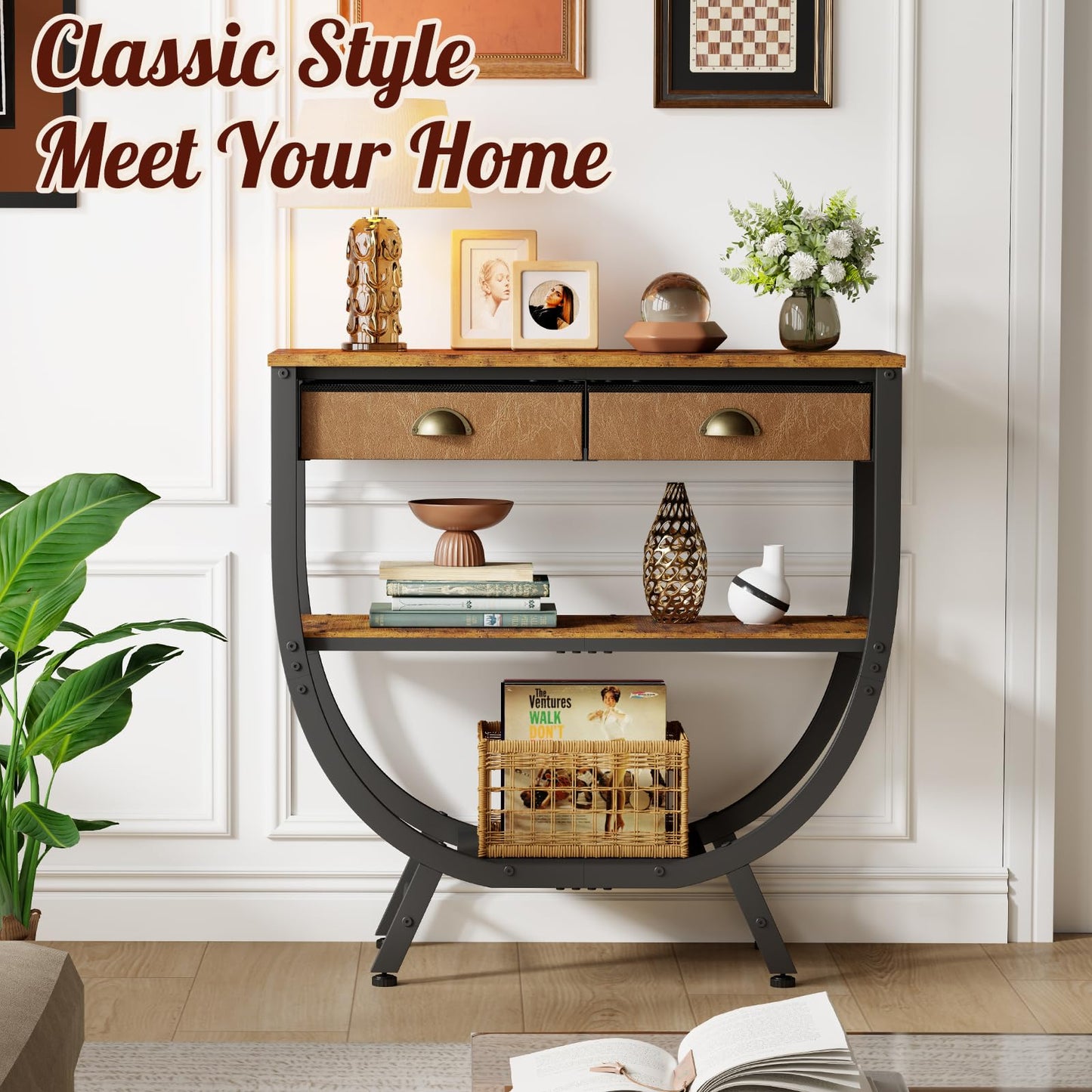 Console Entryway Table with 2 Drawers, 31.5" Height Sofa Table Behind Couch with 3 Tier Storage Shelves，Industrial TV Stand Accent Furniture for Hallway Corner Living Room Bedroom Entry Way Home Decor