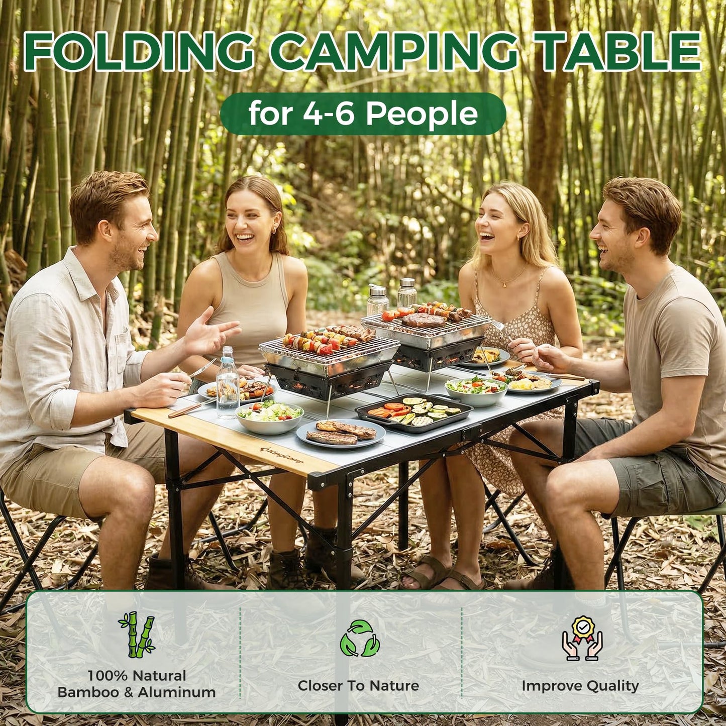 KingCamp Folding Camping Table, Aluminum Roll-Up Camp Table, Large Foldable Table for 4-6 Person, Outdoor Portable Tables with Carry Bag, 176 LBS Heavy Duty Load (Bamboo：40.16“x27.5”，4-6 People)