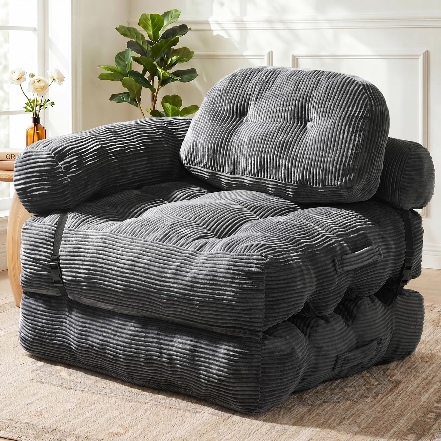 Vellorise Folding Sofa Bed, L-Shaped Couch Back Support and Arm Pillow Futon, Convertible Sofa Bed for Living Room/Guest Use/Home Office, Boneless Foldable Couch for Adults, Dark Gray