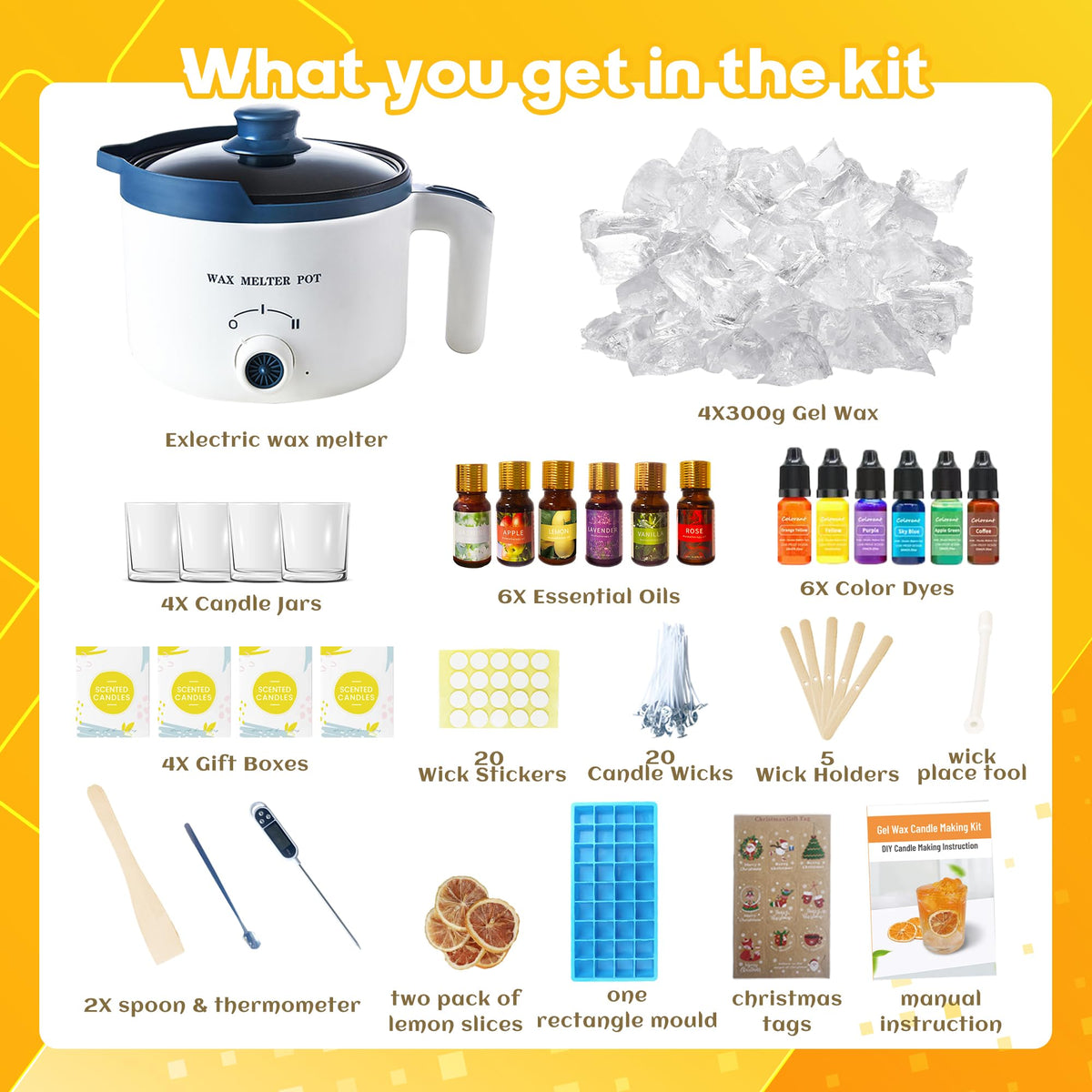Gel Wax Candle Making Clear Kit for Adults, DIY Transparent Jelly Wax Melts Set with Electric Candle Maker, Glass Jars, Wick, Dyes and Scents