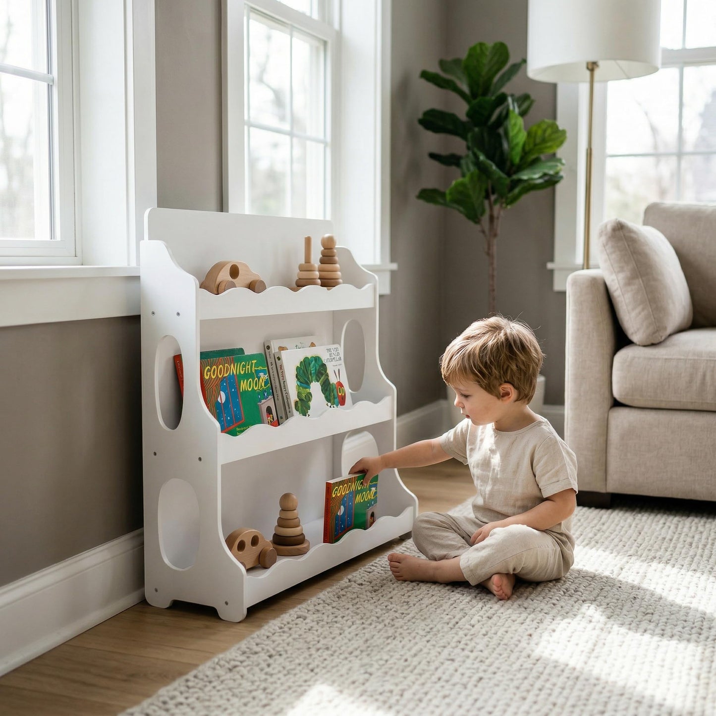 AMMEHOELA Wood Kids Bookshelf Montessori DutchDesign,SnowfallWhite