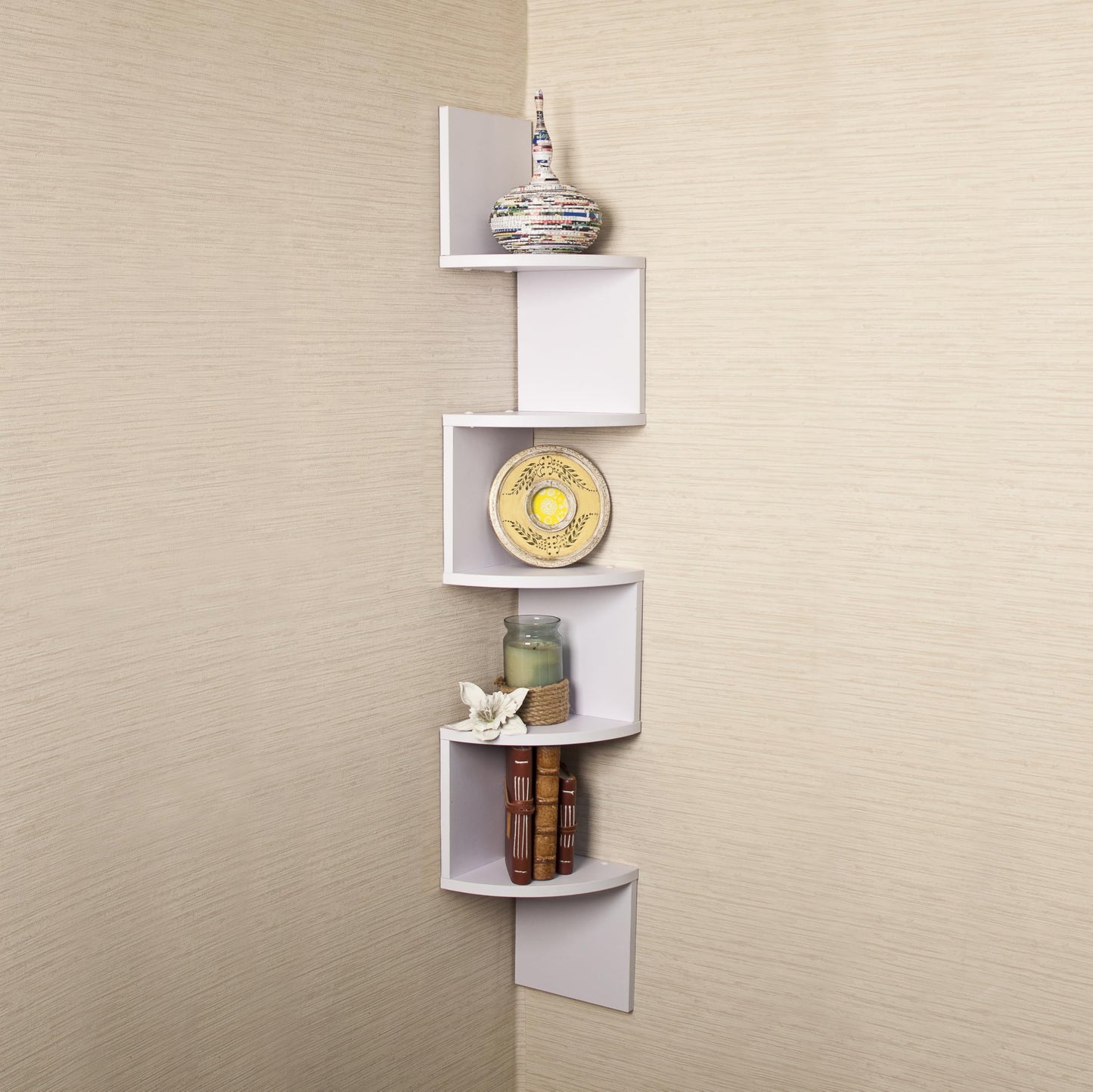 Danya B. XF11035W Large Decorative 5-Tier Corner Floating Wall Mount Display Shelving Unit - White