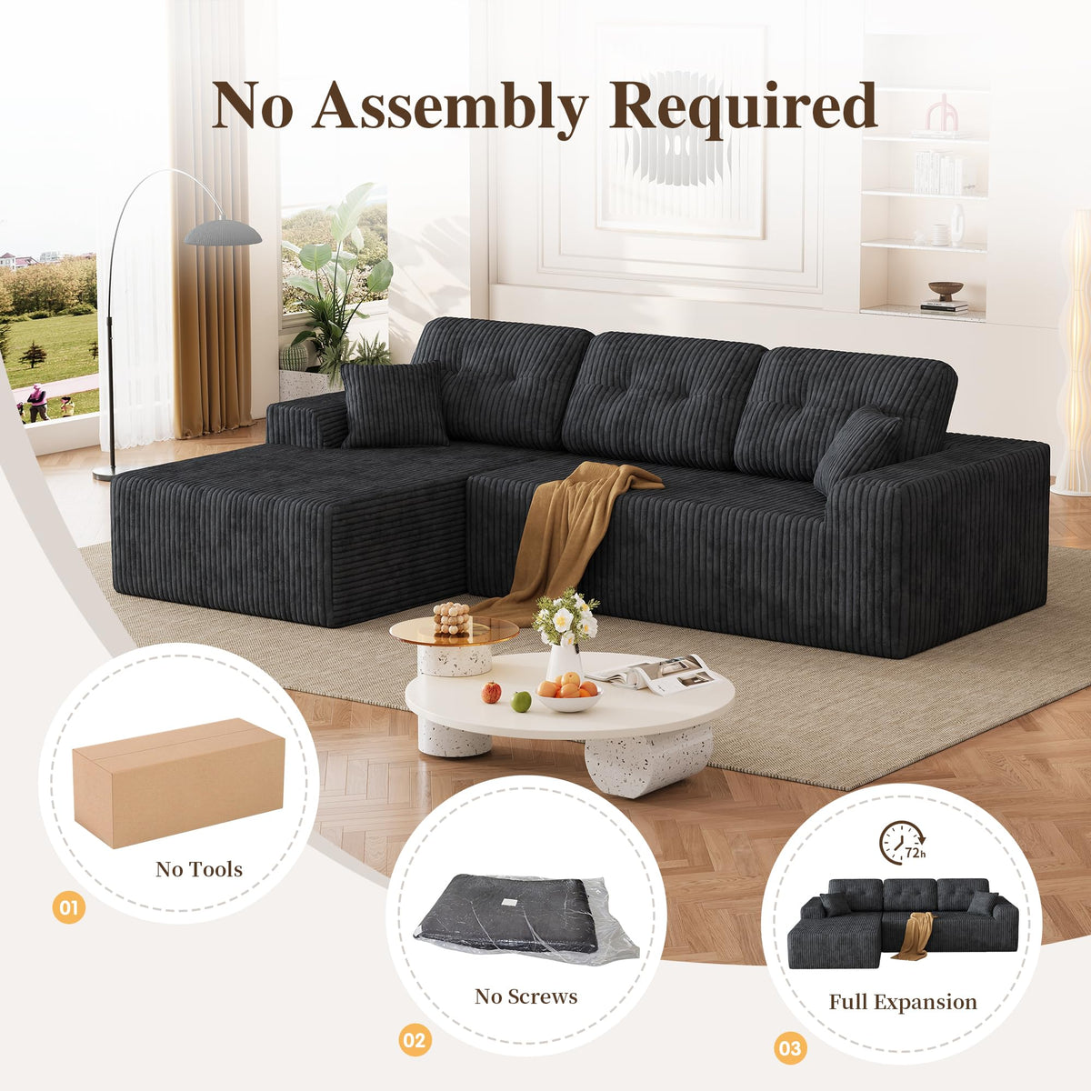 Ball & Cast 106" Boneless Sectional Sofa, Corduroy Modular L Shaped Couch with Deep Seat Chaise, Cloud Style Oversized Sofa for Living Room, No Assembly, Left Facing, Grey