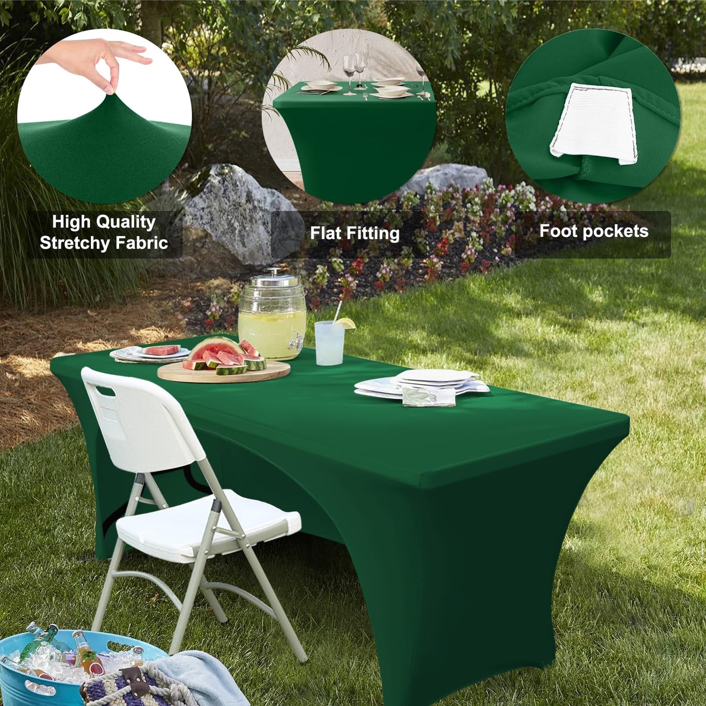 ABCCANOPY 2 Pack 6 ft Spandex Table Cover Open Back Fitted Tablecloth Stretch Washable Tablecover Table Topper for Rectangle Tables Forest Green