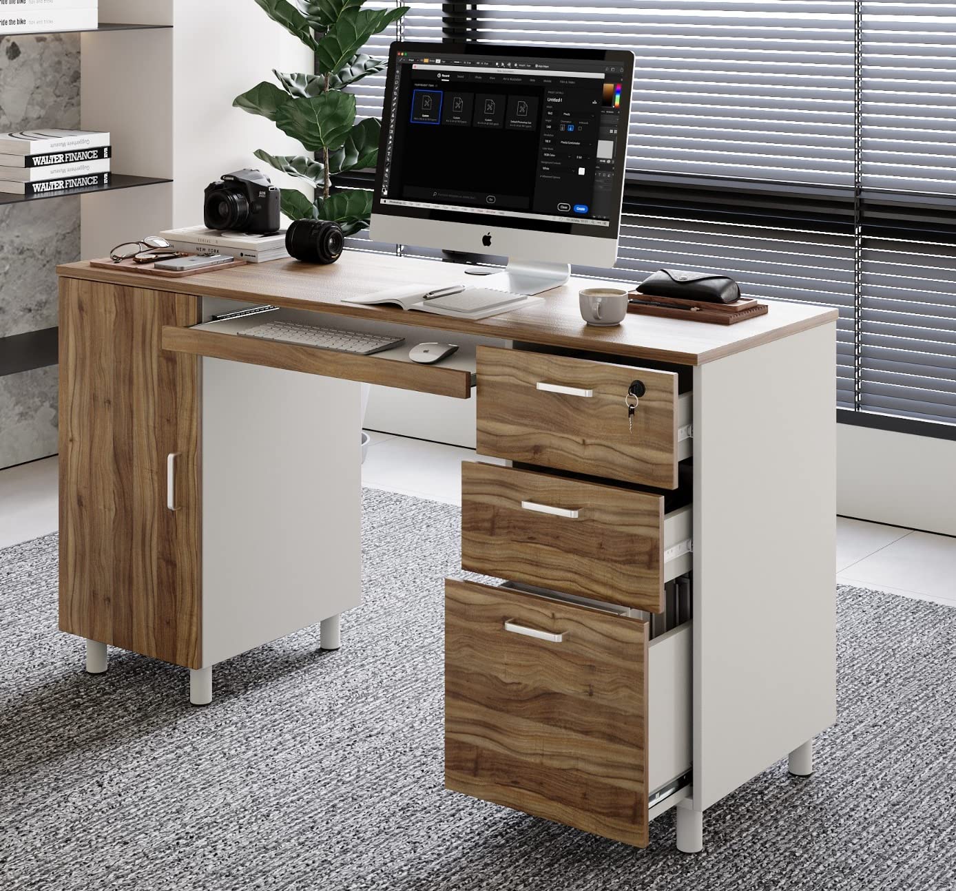 Modern Design Venice Computer Desk with Lockable Drawers, 53 Inch Home Office Desk with Storage Cabinet, Keyboard Tray & Cable Management, Modern Study Writing Desk for Small Spaces, Walnut and White