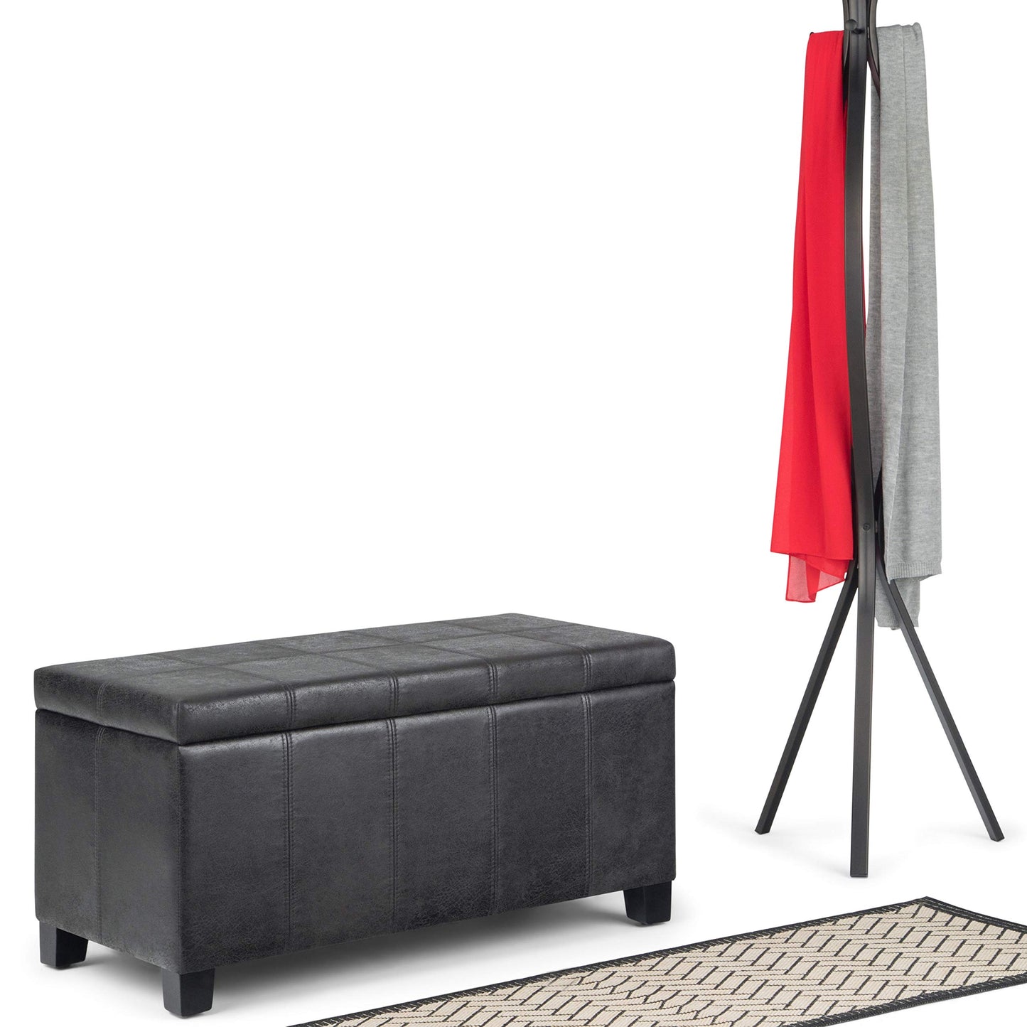 SIMPLIHOME Dover Storage Ottoman Bench - 36 inch Wide Upholstered Vegan Leather Rectangular Lift-Top Ottoman in Distressed Black, Contemporary Bench for Living Room with Safety Hinges