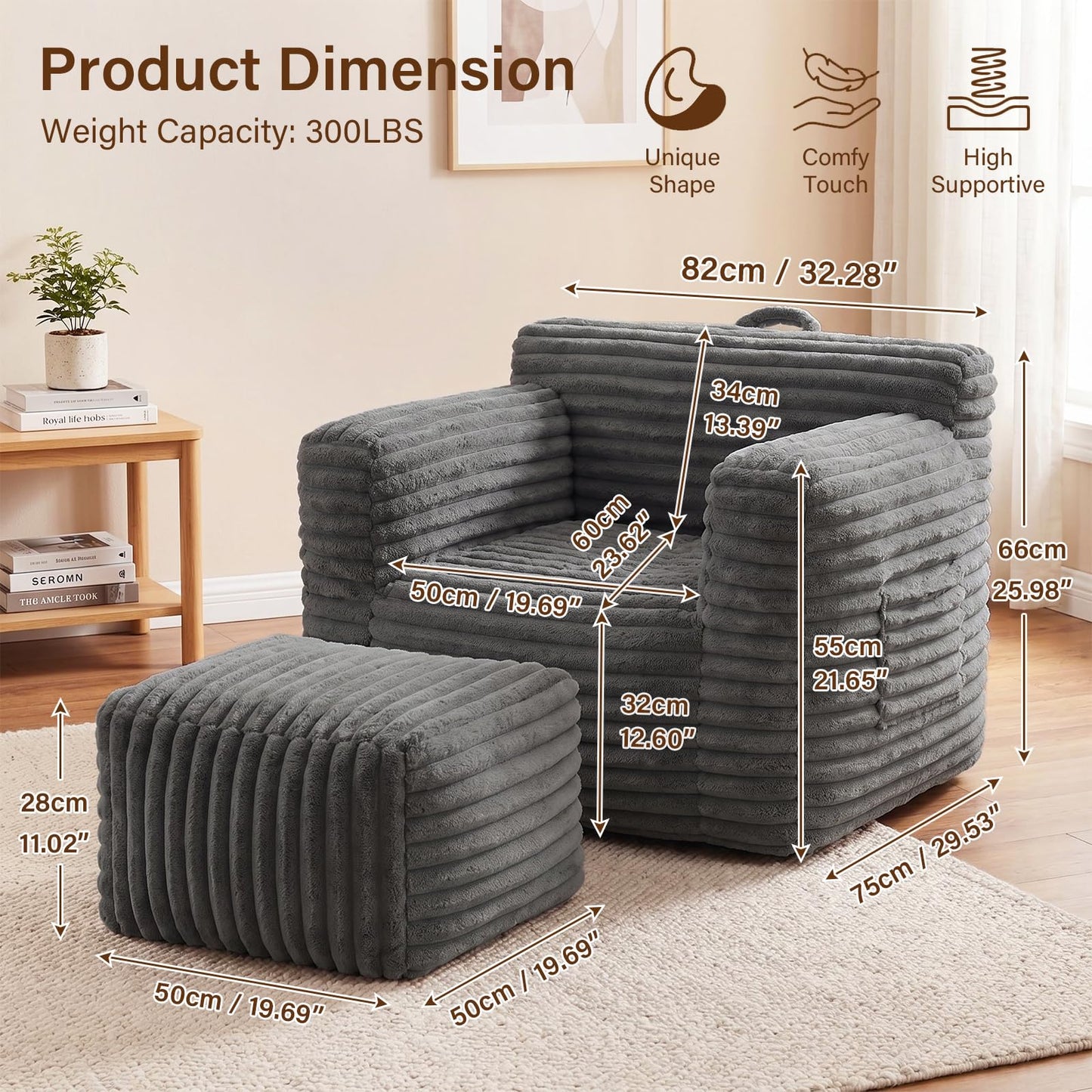Tiita Bean Bag Chair with Footrest for Adults, Foam Lounge Chair with Back Support and Armrests, Soft Corduroy Cover, Removable Washable Sofa Chair for Reading, Gaming, Dark Grey