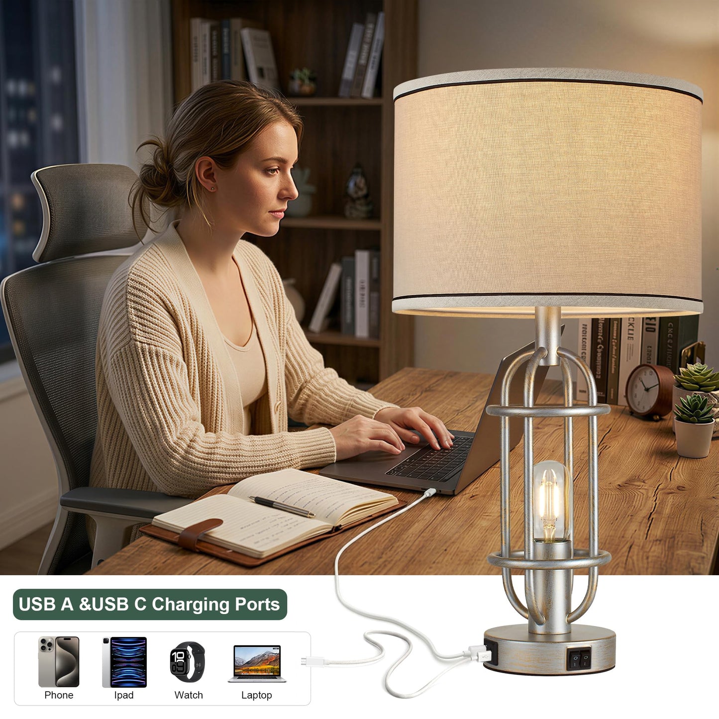 Reaketon Table Lamps for Living Room Set of 2, 22.3" Farmhouse Lamps for Nightstand, Industrial Table Lamps for Bedroom with USB Ports, Bulbs Included