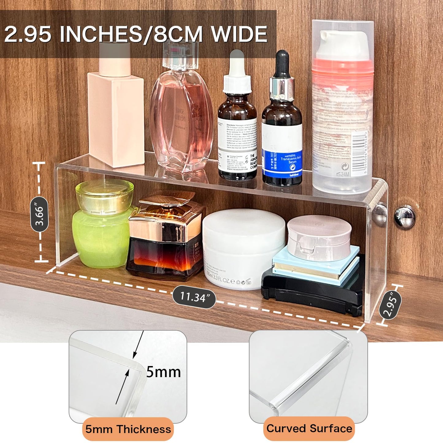 CHANNICORNER 2 Pack Acrylic Medicine Cabinet Organizer, Narrow Bathroom Mirrior Cabinet Storage Shleves, Clear Acrylic Risers for Vanity, Kitchen & RV (11.34 x 2.95 x 3.66 in)