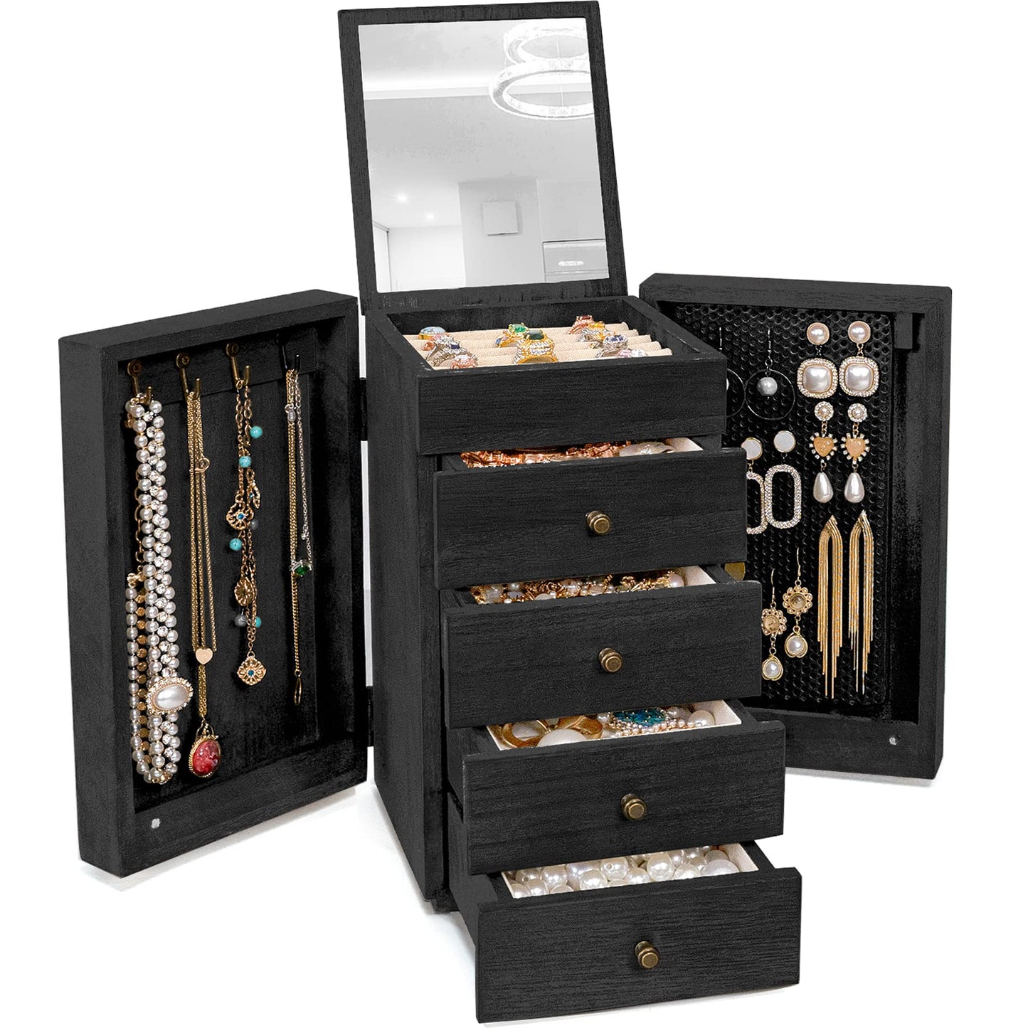 Meangood Jewelry Box Wood for Women, 5-Layer Large Organizer Box with Mirror & 4 Drawers for Rings, Earrings, Necklaces, Black