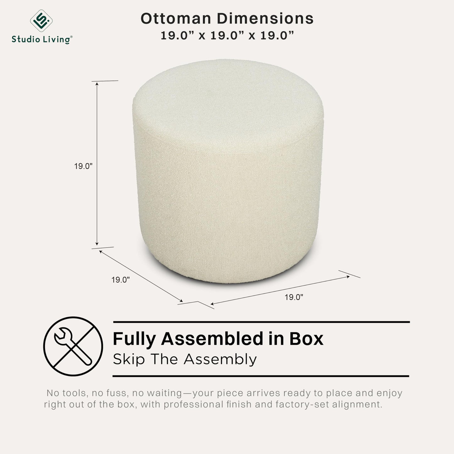 Studio Living Wentworth 19" Round Ottoman, Urban Transitional, Fully Assembled, Soft Boucle Fabric, Snow