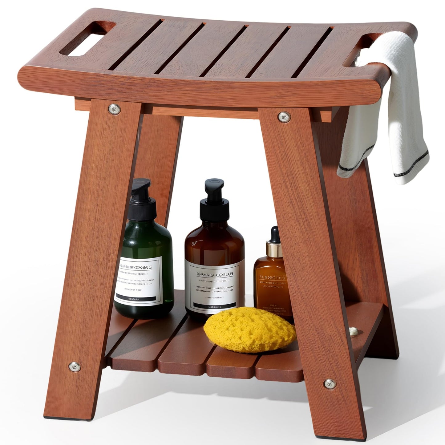 KEGII Teak Shower Stool with Shelf & Towel Bar, Teak Wood Shower Bench for Shaving Legs, 14" Waterproof Bath Seat for Small Bathrooms, Non-Slip Feet (Medium Size)
