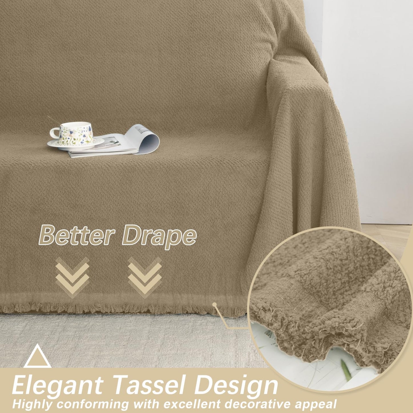 Arfntevss Corner Sectional Couch Covers L Shape Plush Sofa Cover with Tassel Thick Soft Couch Cover for Sectional Sofa U Shaped Slipcovers Washable Dog Furniture Protector (71" x 224", Khaki)