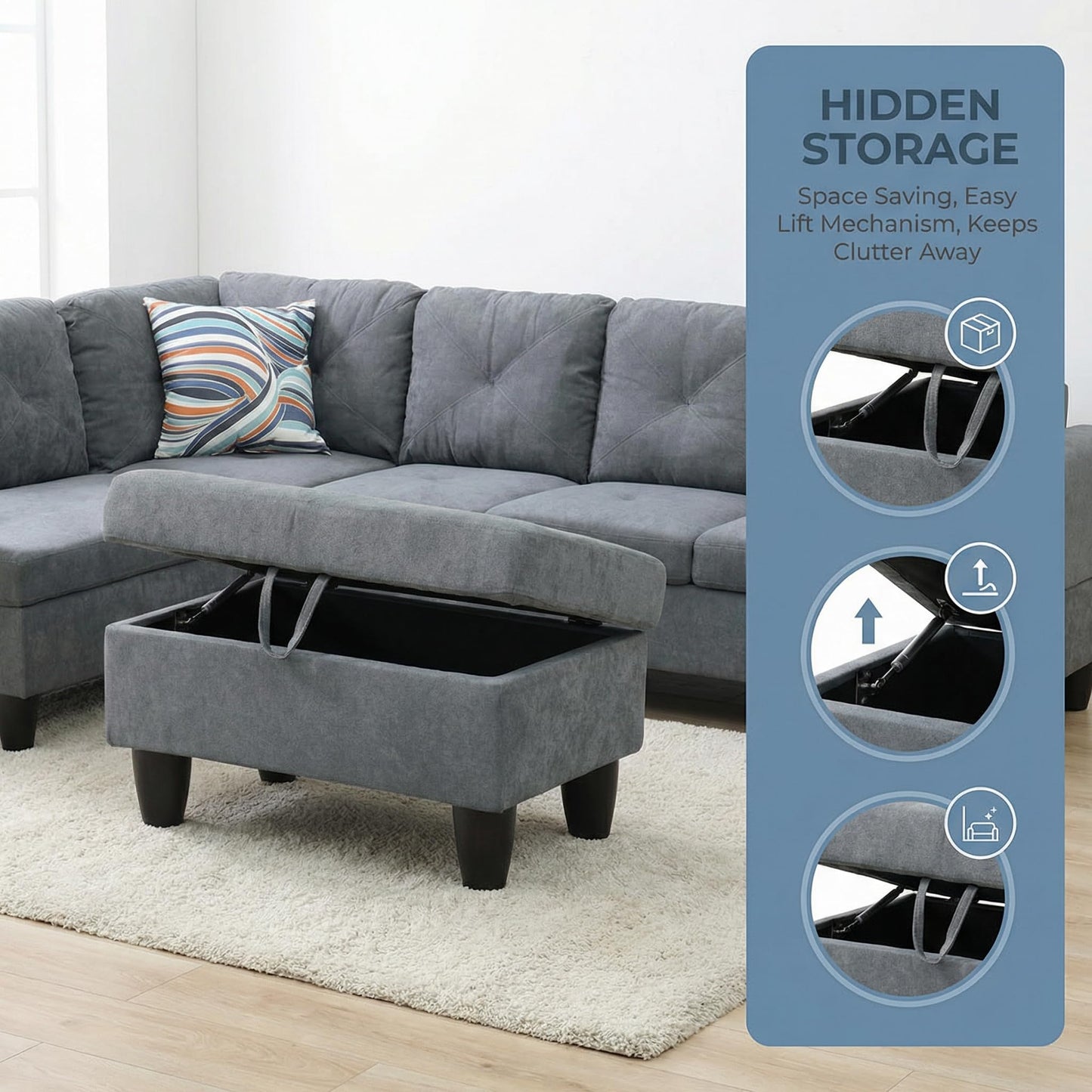 Trygoal 3-Piece L-Shaped Modular Leather Sofa – Convertible Sectional Couch with Movable Chaise & Storage Ottoman, Multi-Scene Use for Living Room, Apartment & Office, Dark Grey