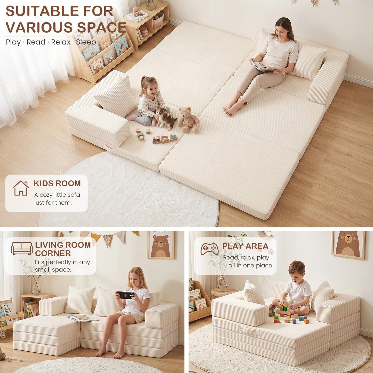 65" L Shaped Couch for Small Spaces, No Assembly Cloud Sectional Sofa with Deep Seat, Left Facing Chaise, 4-in-1 Modular 3 Seater Corduroy Couch for Apartment, Beige