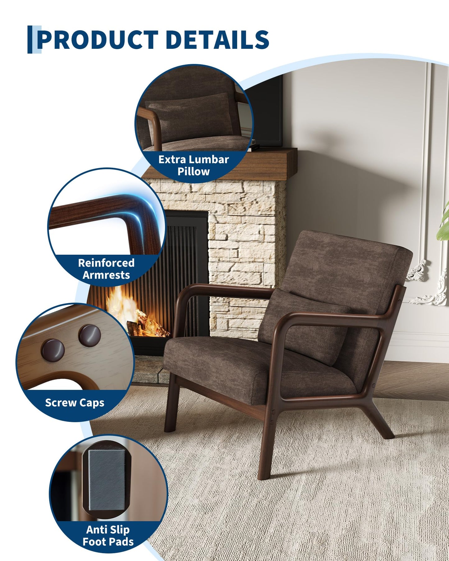 Garvee Mid-Century Chenille Accent Chair Set of 2, Cozy Reading Chair, Modern Lounge Armchair with Lumbar Pillow, Sturdy Wood Frame, for Living Room, Bedroom, Office, Brown