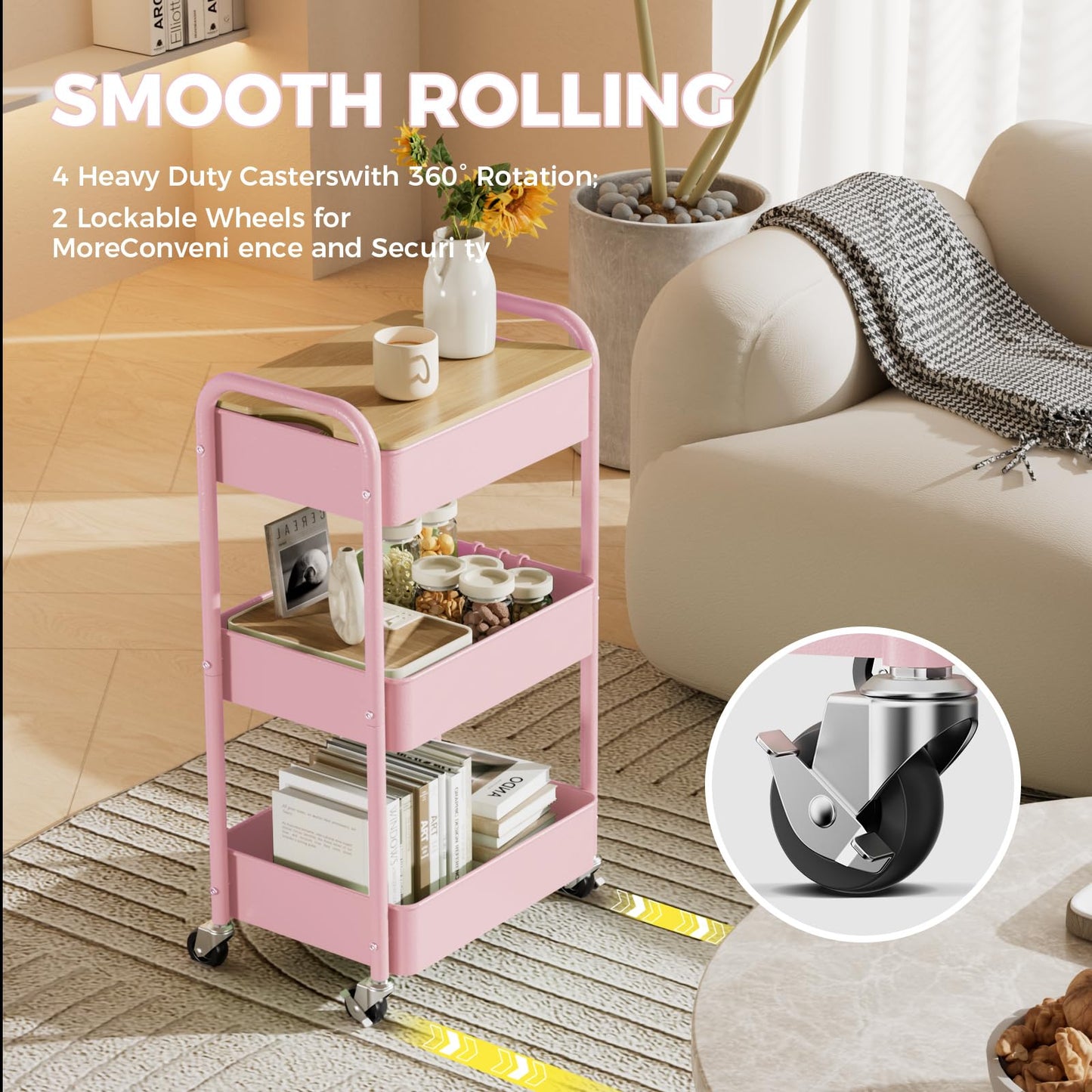 3 Tier Rolling Cart with Table top, Metal Rolling Utility Cart, Sturdy Storage Organizer Cart with Locking Wheels & Hooks for Office, Classroom, Kitchen and Bathroom，Pink