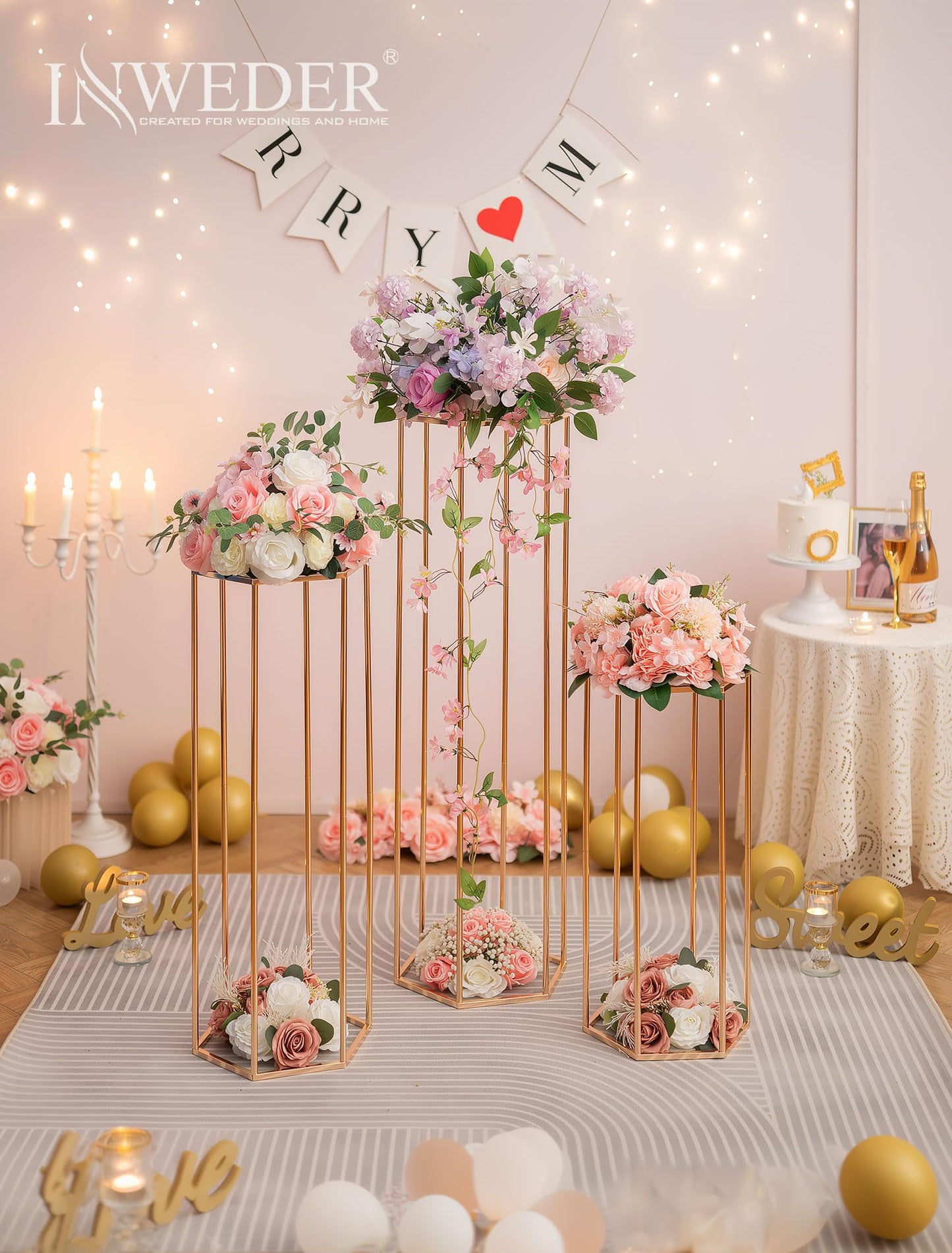 Inweder Cylinder Pedestal Stands for Party: Three-Piece Gold Hexagon - 23.6"/29.5"/35.4" Tall Gold Stand for Party - Cylinder Wedding Table for Outdoor Indoor Party