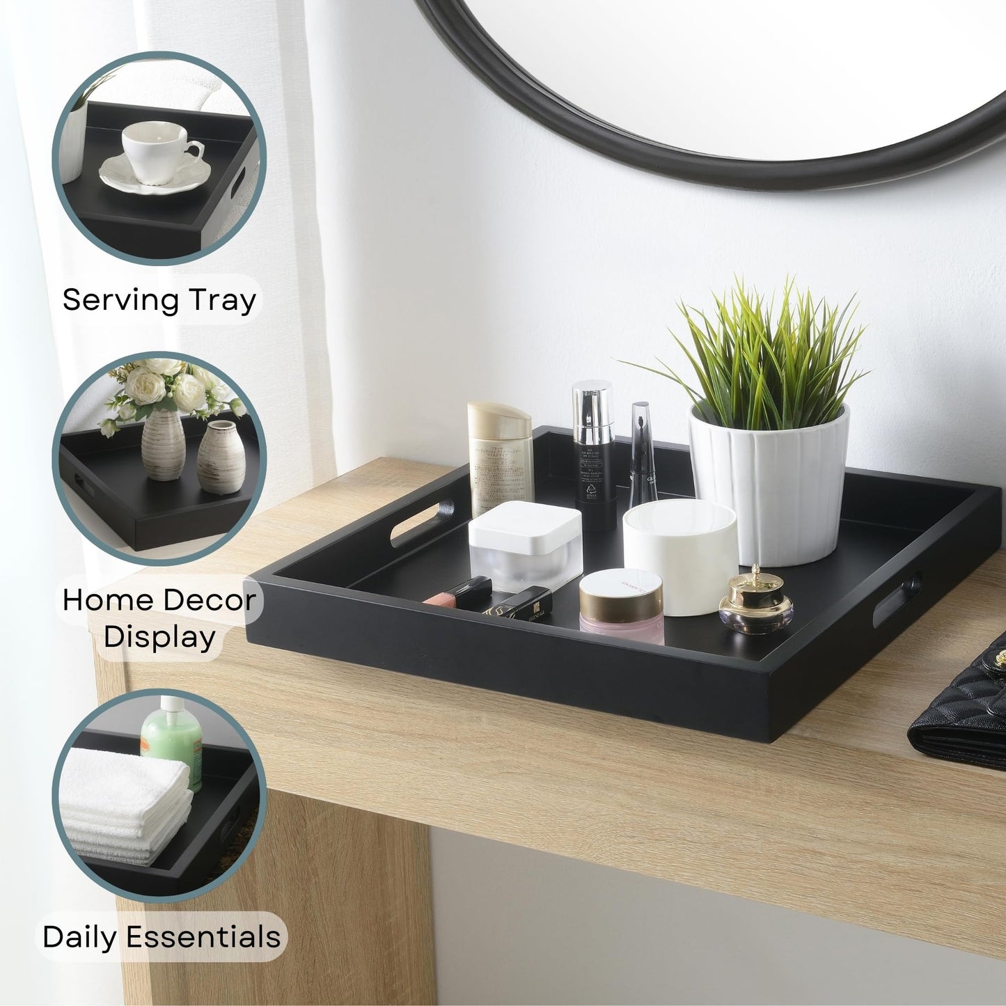 Convenience Concepts Palm Beach Serving Tray 16.75" - Kitchen & Living Room Square Wood Decorative Tray with Handles, Ottoman Accent Tray, Coffee Table Tray, Counter Organization & Storage, Black